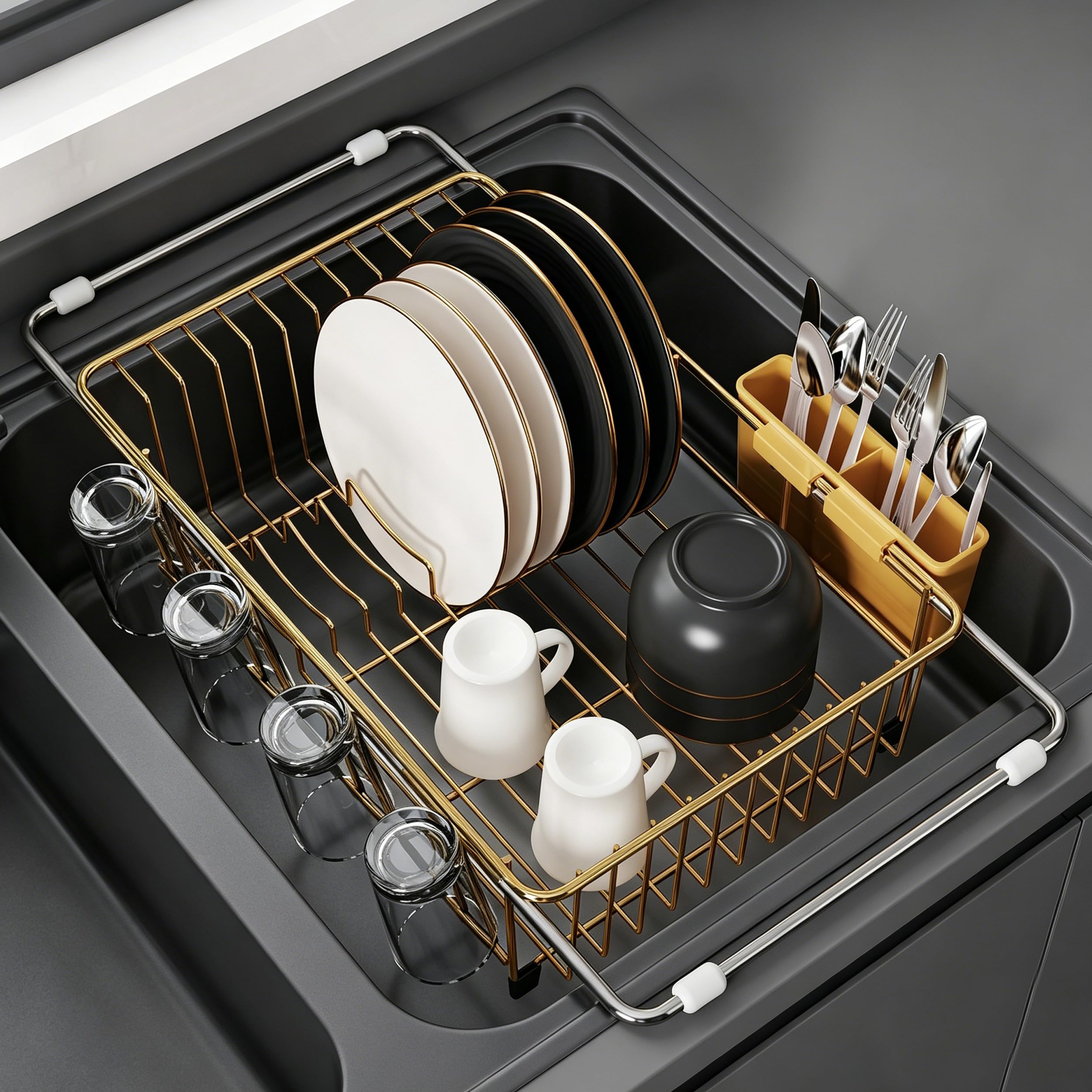 Photo 1 of JASIWAY Gold Dish Drying Rack with Utensil Holder