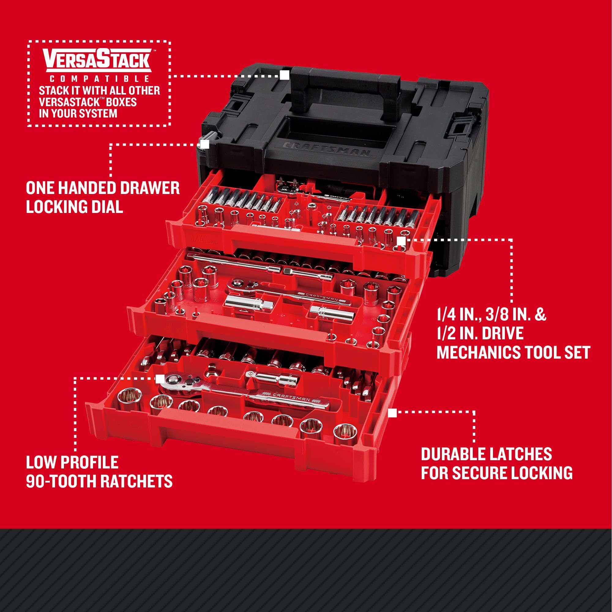 CRAFTSMAN VERSASTACK CMMT45309 - Juego de herramientas mecánicas, unidad de 1/4 y 3/8 pulgadas, caja de herramientas duradera de 3 cajones incluida, 262 piezas