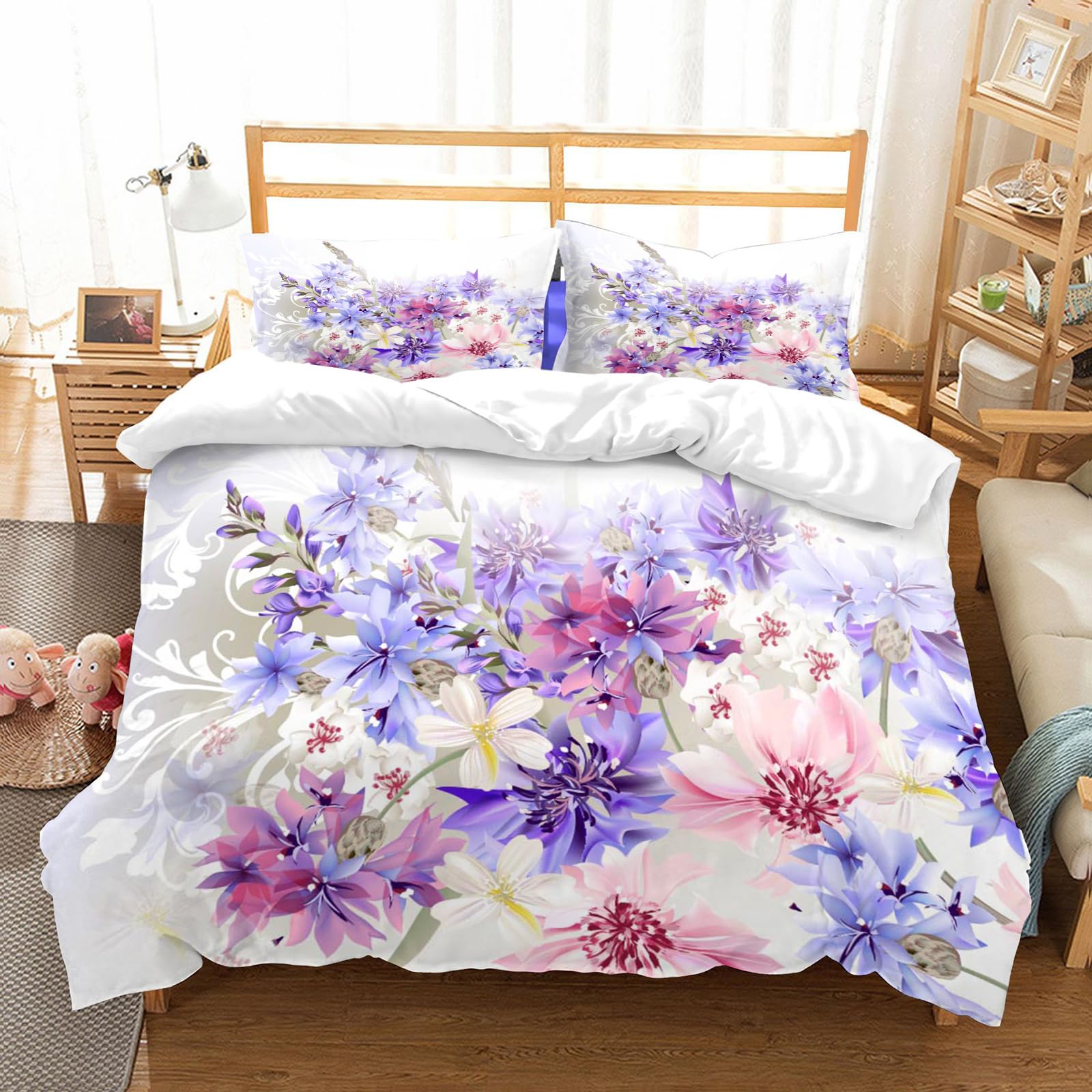 Ensemble de literie 100% microfibres 200x228cm avec 2 taies d'oreiller motif bleuets