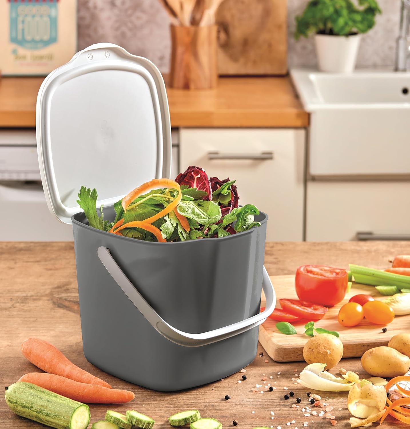 Snips Food Waste Compost Bin with Lid and Handle 3L, Compost Bin for Kitchen, Bin Food Waste for Hanging 20.5 x 18.5 x 16.7, Made in Italy, Grey, BPA Free