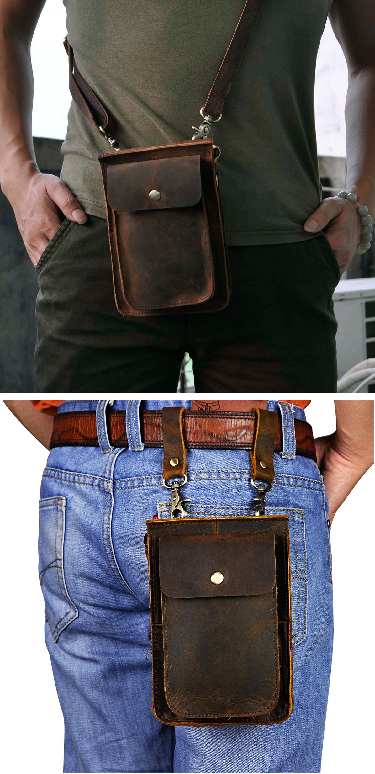 Le'aokuu Sacs en Cuir Véritable Hommes Taille Ceinture Messager Poche équitation Vélo Voyage Sac à bandoulière (021 A Marron)