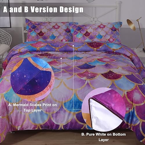 Miniatura 4 de ENCOFT Juego de edredón para niñas, tamaño matrimonial, juego de edredón de escamas de sirena 3D rosa y morado, 3 piezas con fundas de almohada, sin
