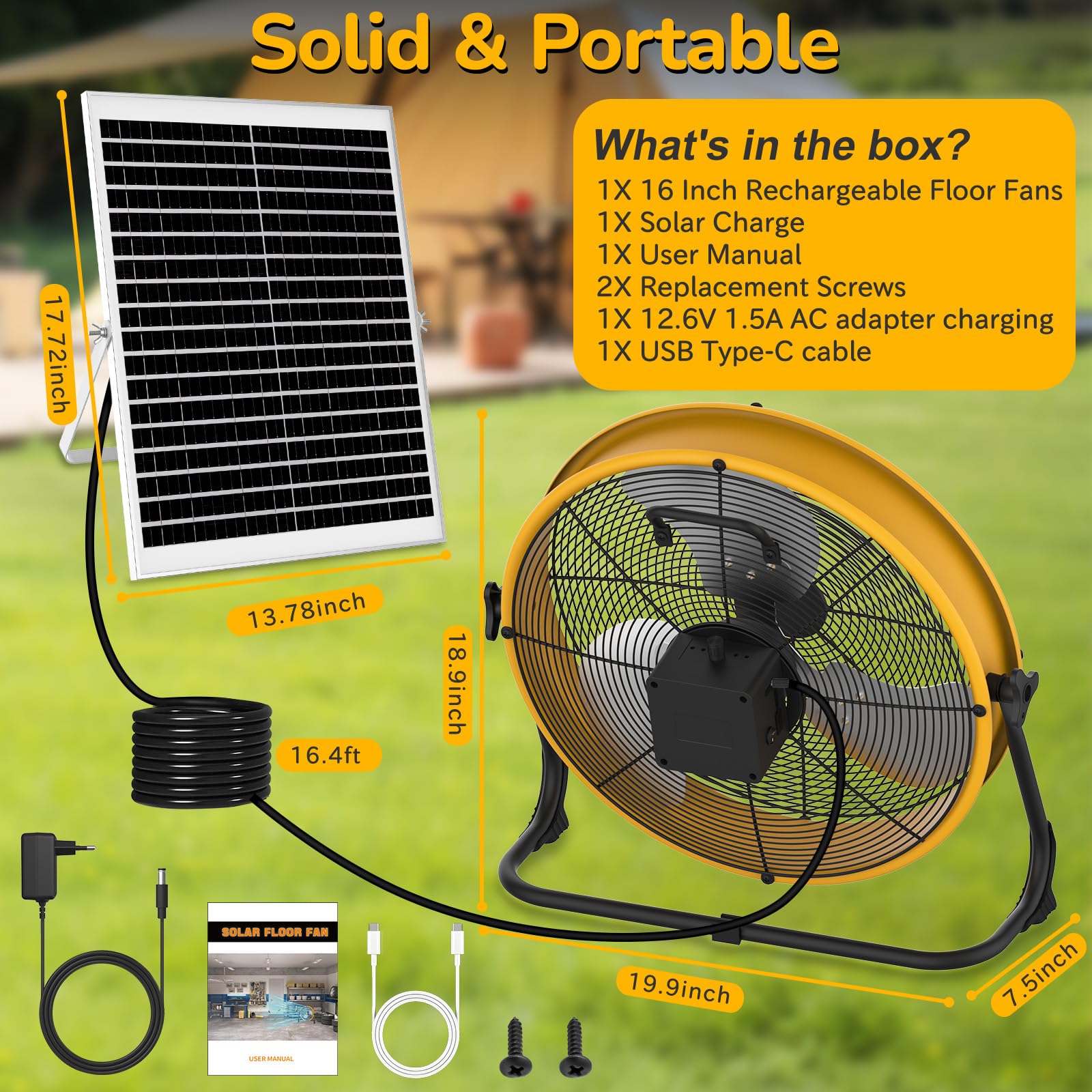 T-SUN 16inch Solar Ventilator für Außen, 25W Solar Lüfter mit 5M Kabel, Adapter, 15600mAh Solarantriebslüfter, Bodenventilator für Werkstatt, Haustierhäuser, Garage, Camping, Abkühlen, Grillpartys