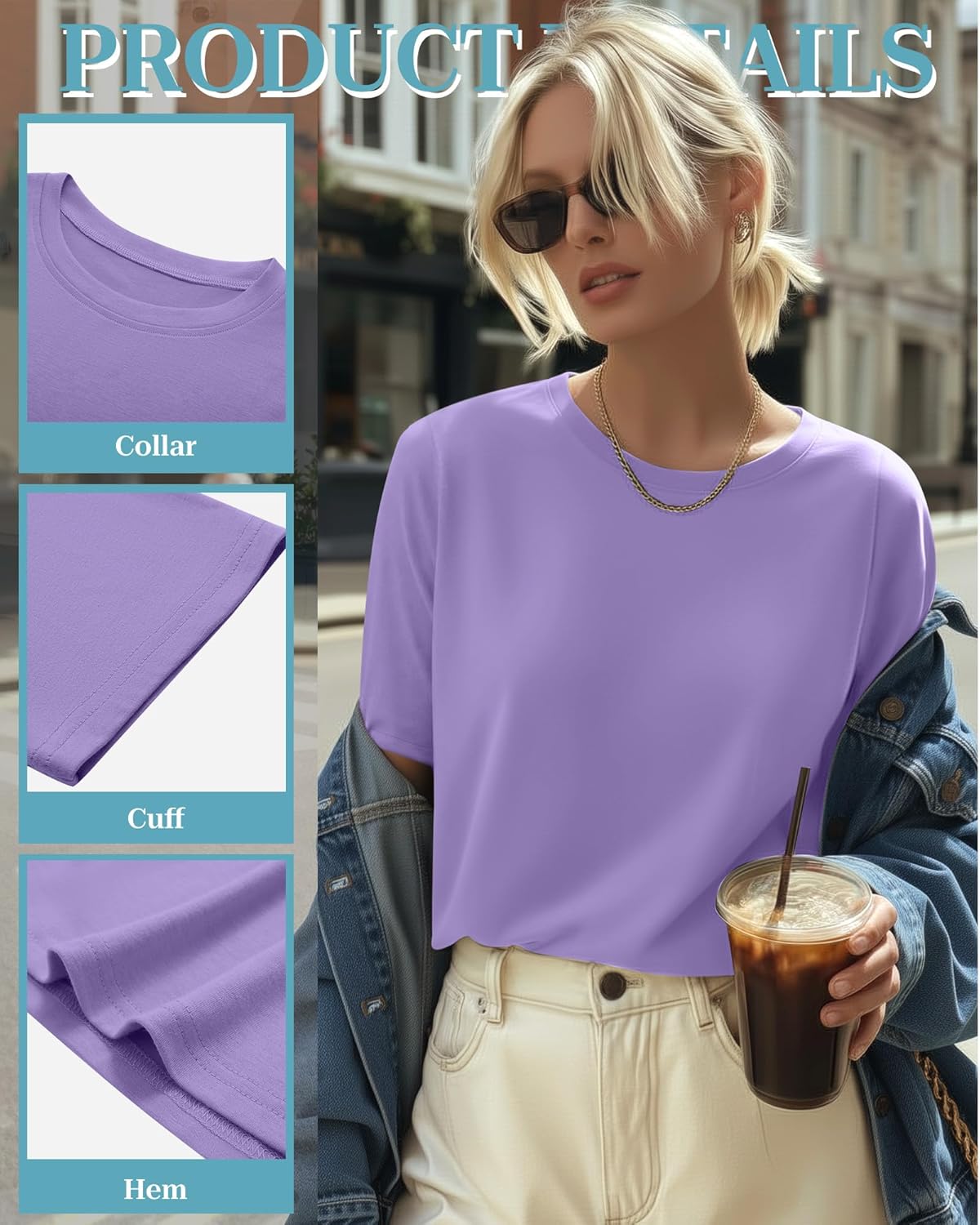 4 Pack Women's Half Sleeve T Shirts 1/2 Sleeve Basic Crew Neck Tops Elbow Length Casual Loose Fit Summer Tees(Large,Teal, Purple, Coffee, Black)