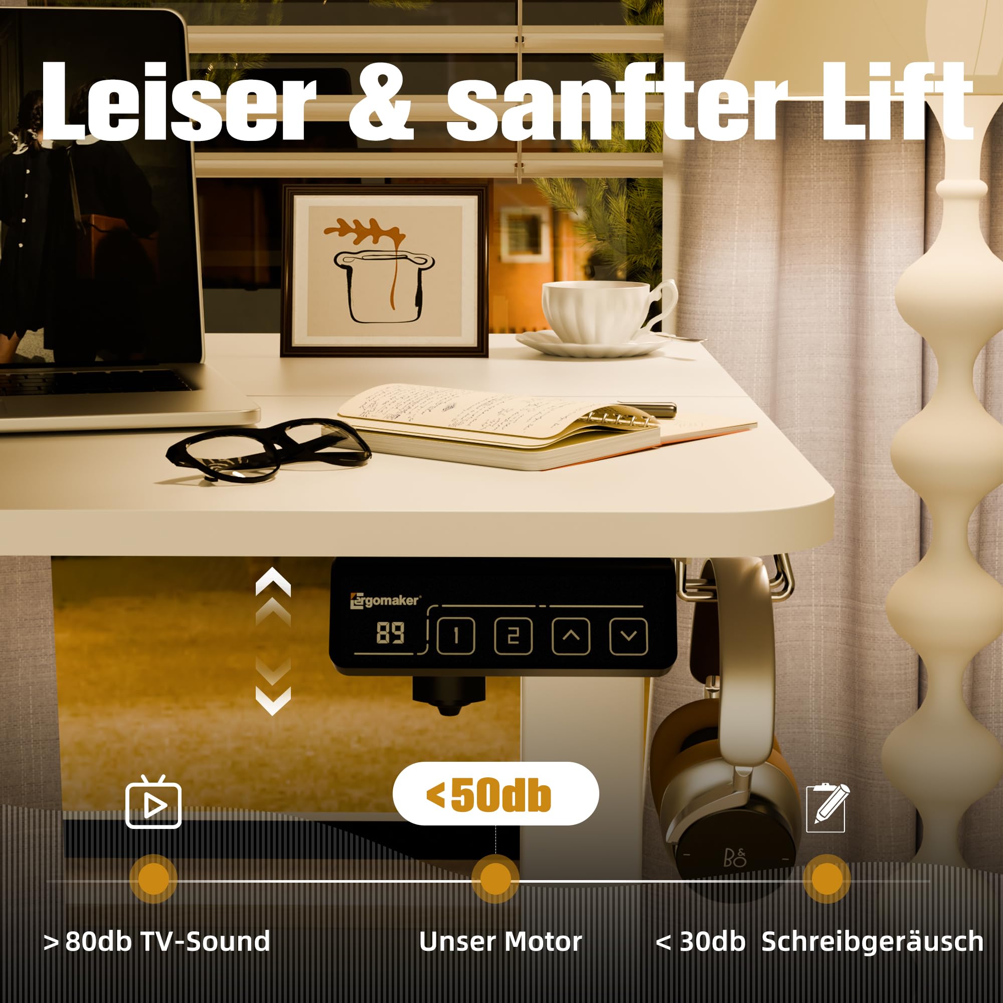 ERGOMAKER Höhenverstellbarer Schreibtisch Elektrisch für Homeoffice,90x60cm | Ergonomischer Schreibtisch, Memory-Funktion. Für Homeoffice, Lernen & Gaming. 2-teilige Platte, höhenverstellbar.