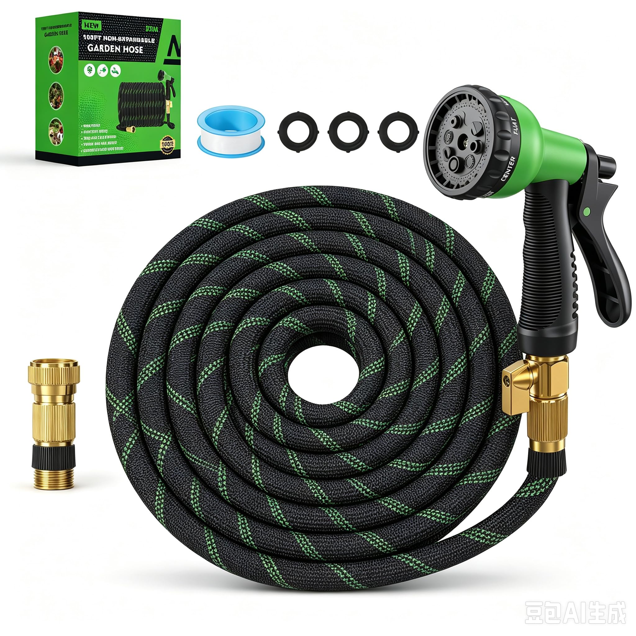 View 1 of 100ft Garden Hose?Non-Expandable Water Hose with 8 Function Spray Nozzle