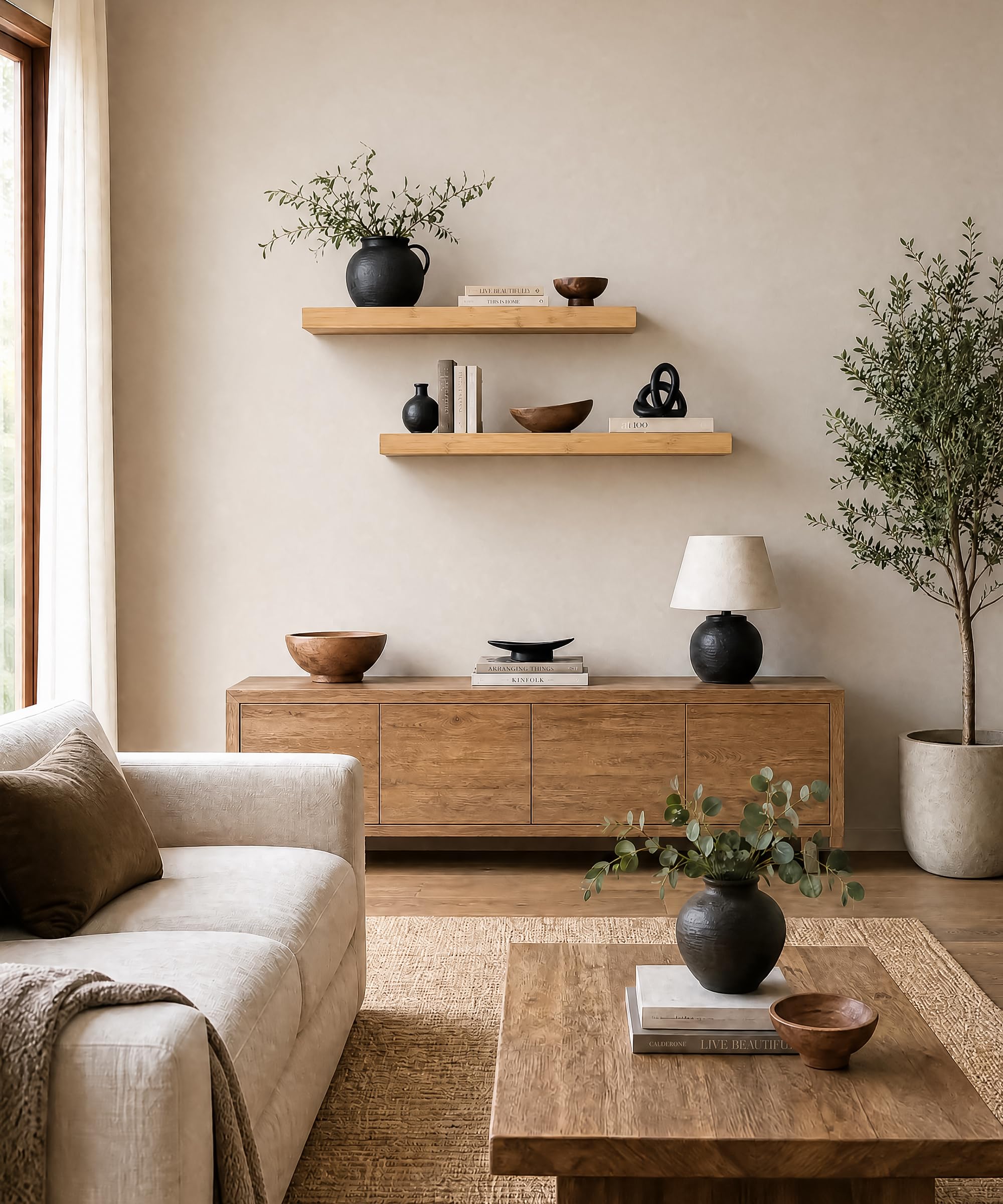 Afuly Mensole da Muro in Bambù per Soggiorno in Legno, 60 x 20 cm Set di 2 | Supporti nascosti, per libri, piante, foto e decorazioni, soggiorno, camera da letto, cucina e bagno, per uso quotidiano