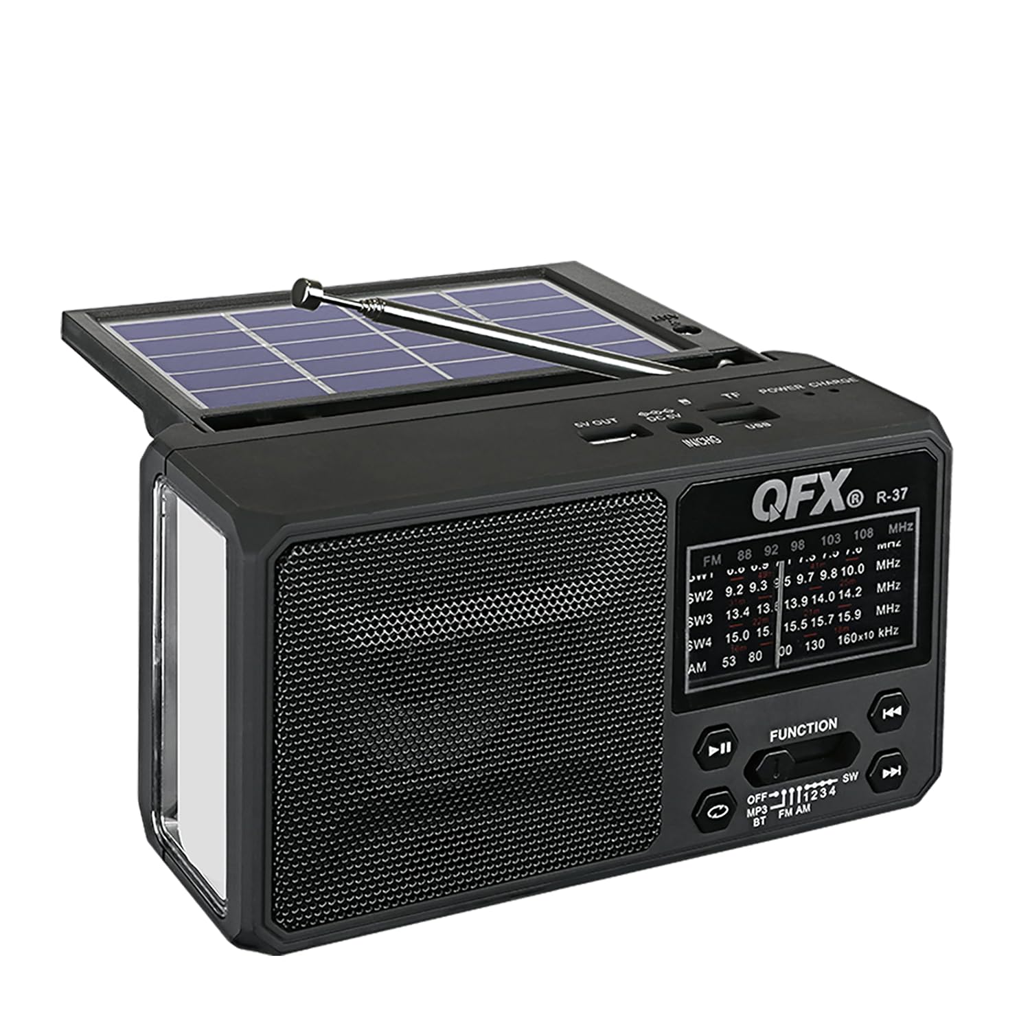QFX R-37 6-Band AM FM SW1 - SW4 Bluetooth LED Flashlight Solar Radio 2021 Model