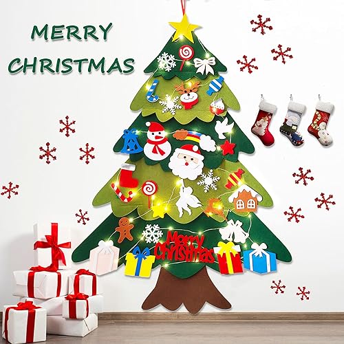 Miniatura 4 de Árbol de Navidad de fieltro iluminado de 3.2 pies con 32 piezas de adornos desmontables, decoraciones colgantes de Navidad, regalo de Año Nuevo