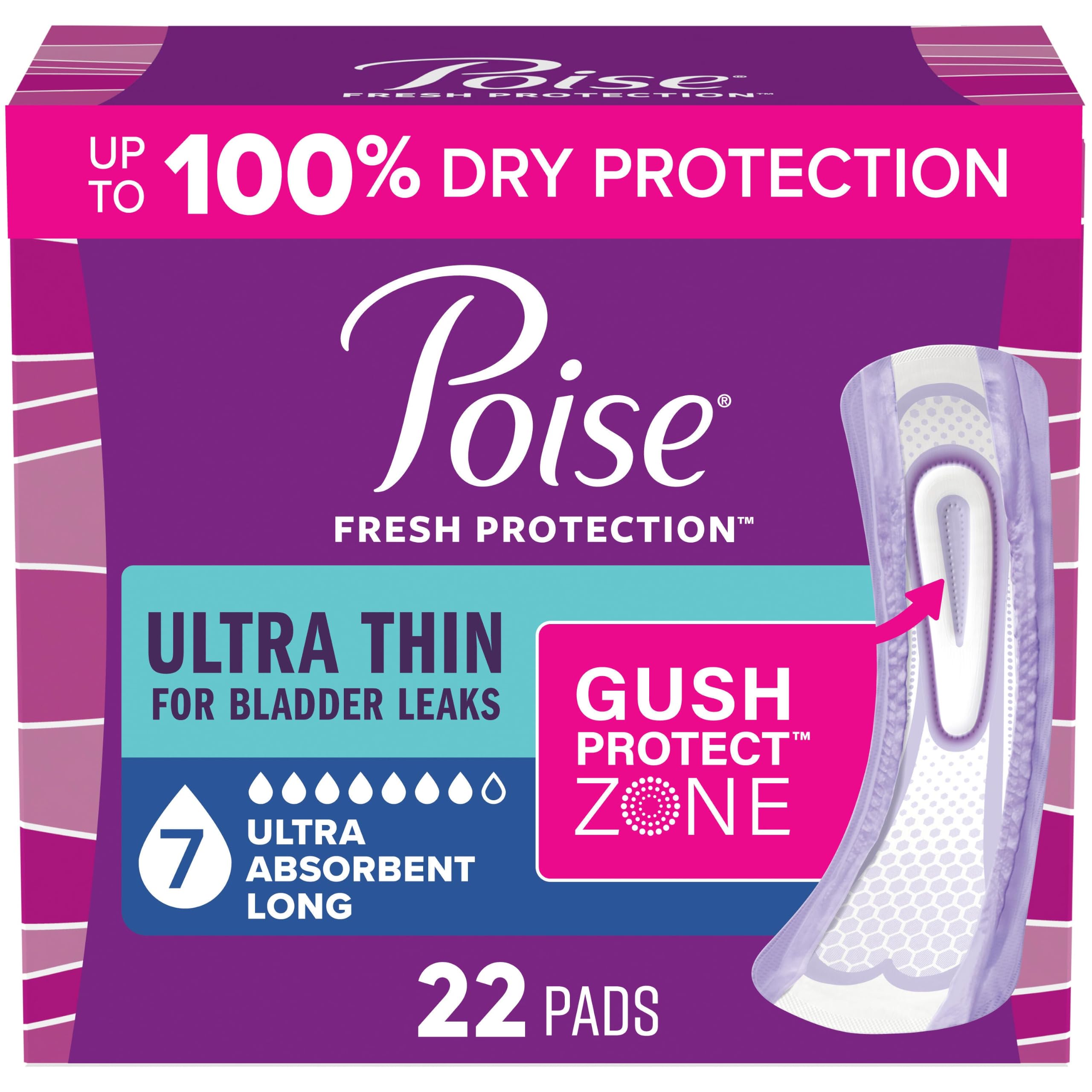 Photo 1 of Poise Ultra Thin Incontinence Pads for Women, 7 Drop, Long, 22 ct