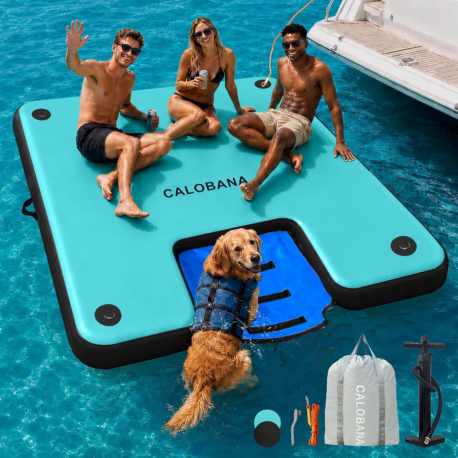 Inflatable Floating Dock with Dog Ramp for Adults & Pets | Pet Friendly, 5FTx6FT/10FTx6FT/12FTx6FT, Fits 2-3/4-7/6-9 People, Easy Inflate, Carry Bag, Connect Rope, Non-Slip Surface