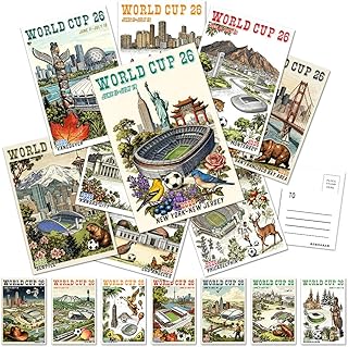 SHOXREM 32Pcs World Cup 2026 Postcards, Merchandise,World Cup Decorations - Landmark Illustrations,Retro Collage, 4" x 6"