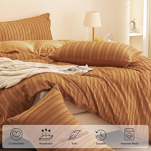Miniatura 4 de JELLYMONI - Juego de funda de edredón de microfibra tamaño individual color naranja oscuro de 3 piezas, reversible, textura capitoné a rayas