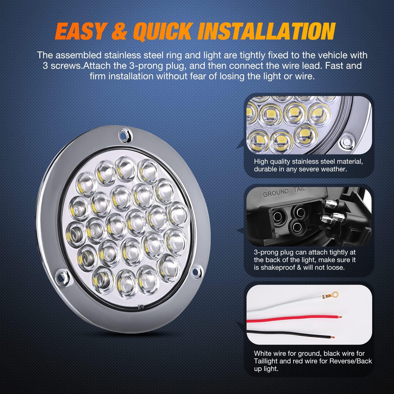 Nilight 4 Inch Round Trailer Tail Light 2PCS 24LED White Stainless Steel Chrome Bezel Waterproof Backup Reverse Lights for Truck Van Lorry Camper Boat