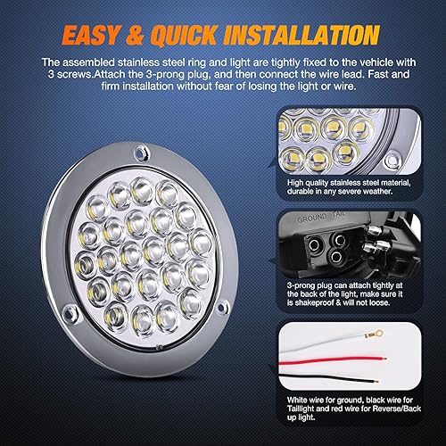 Miniatura 5 de Nilight Luz Trasera Redonda de 4 Pulgadas para Remolque 2 PIEZAS 24 LED Blancas con Bisel de Acero Inoxidable y Cromo, Impermeable, Luces de