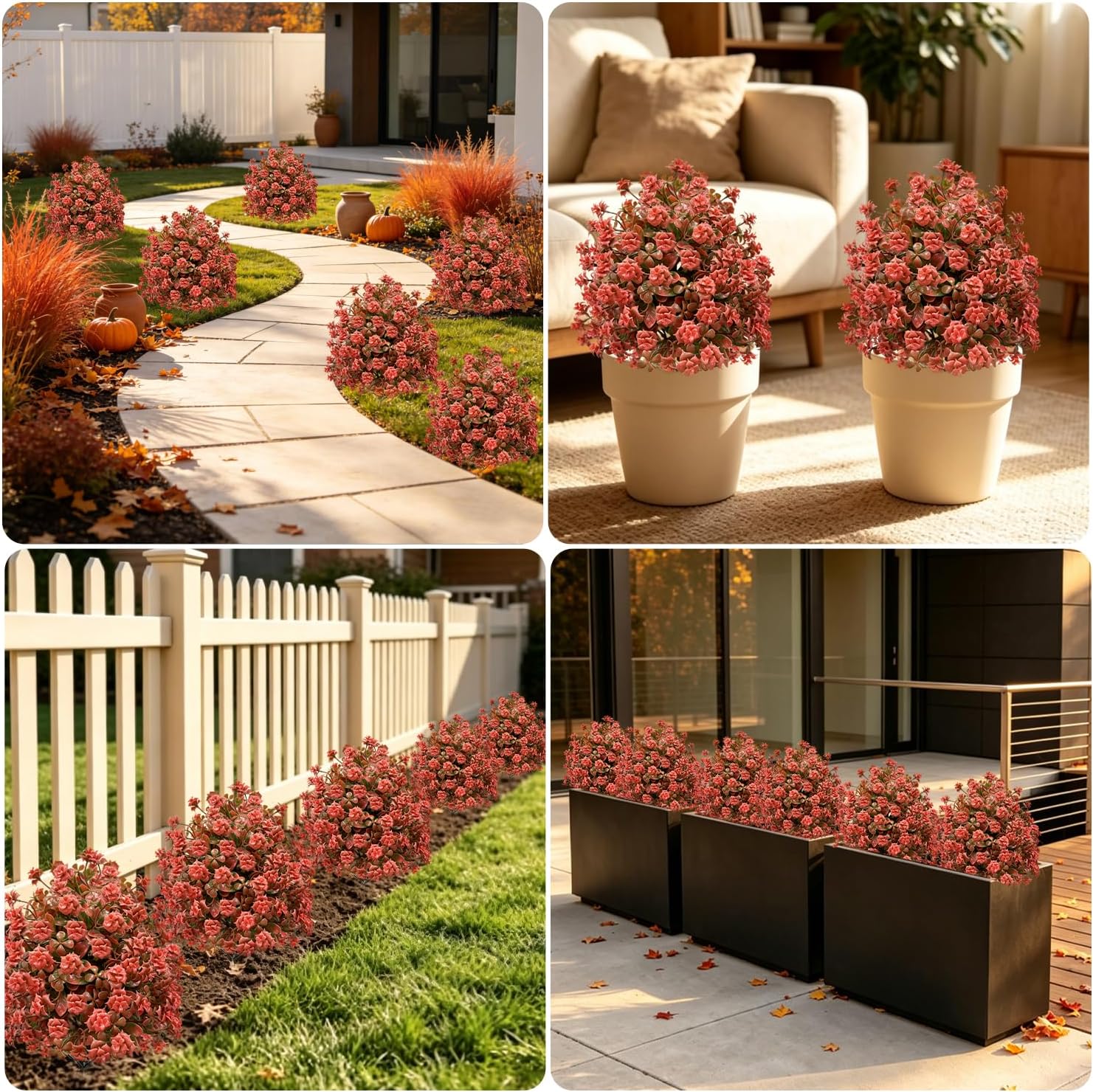 4Pack Artificial Fall Mums Topiary Balls Tree with Stakes,UV Resistant Outdoor Autumn Faux Shrubs with Spike, Realistic 16.5" Fake Bushes Plants for Front Porch, Planters, Balcony, Garden,Door Decor