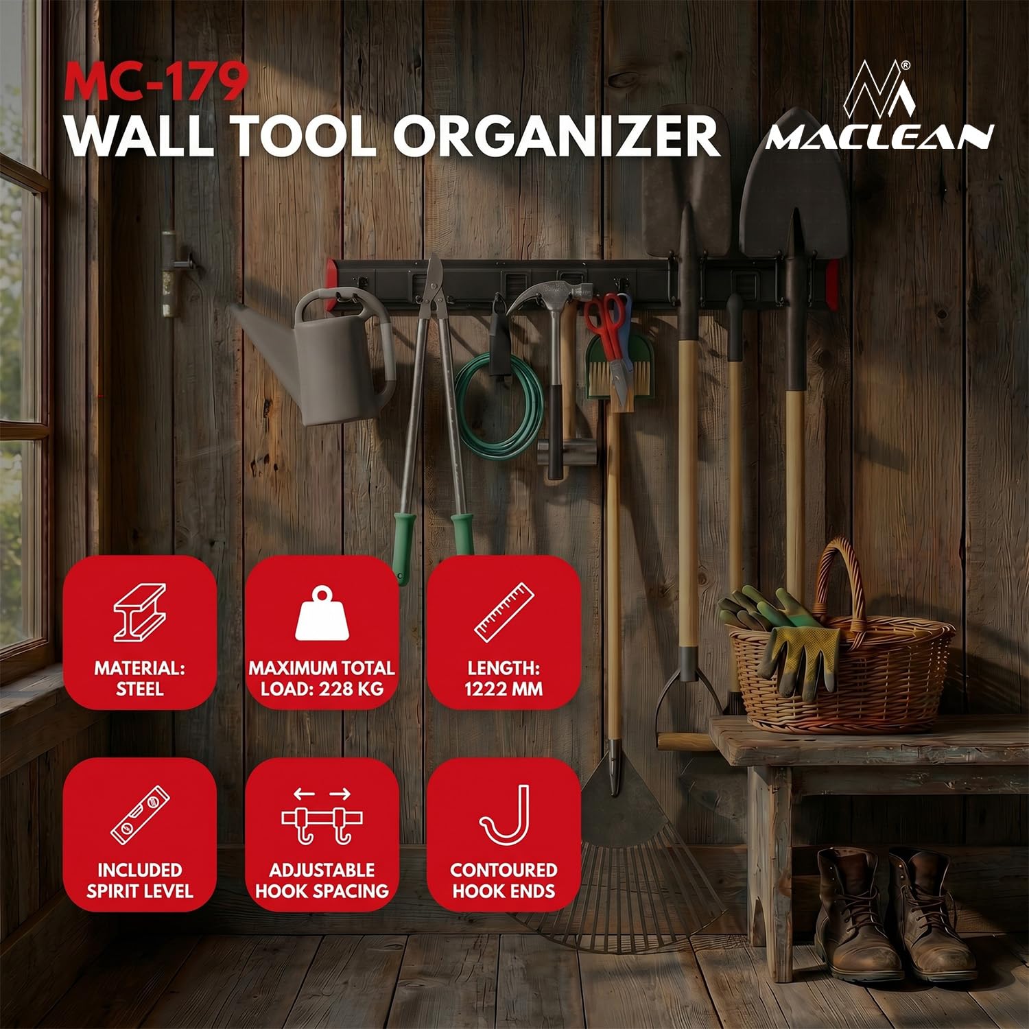 Maclean MC-179 Soporte de pared para herramientas de jardín y organizador de garaje Sistema de almacenamiento de acero 228 kg con ganchos ajustables para palas escobas mangueras y cables