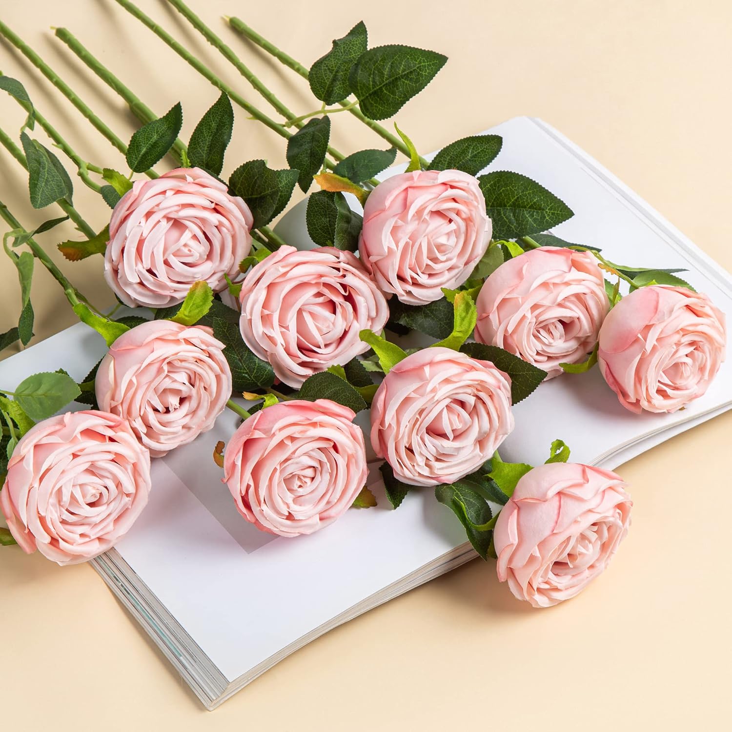10 Pcs Fake Roses,Artificial Silk Rose Flowers with Long Stems,Realistic Faux Roses for Vase Home Wedding Table Centerpieces Baby Shower Decor (Blush) - Image 3