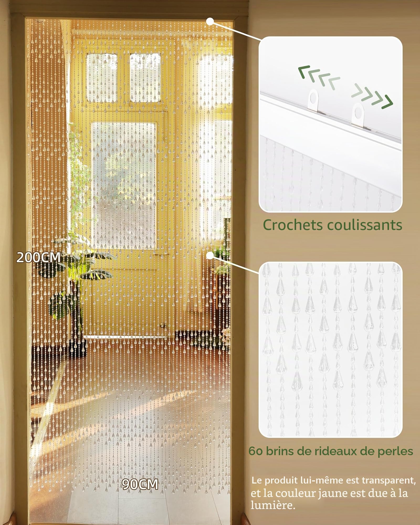 90 x 200 cm Rideau à Perles Transparent, 60 brins avec Perles en Plastique - Idéal comme moustiquaire et décoration pour Porte de Balcon, Chambre(Style Marées)