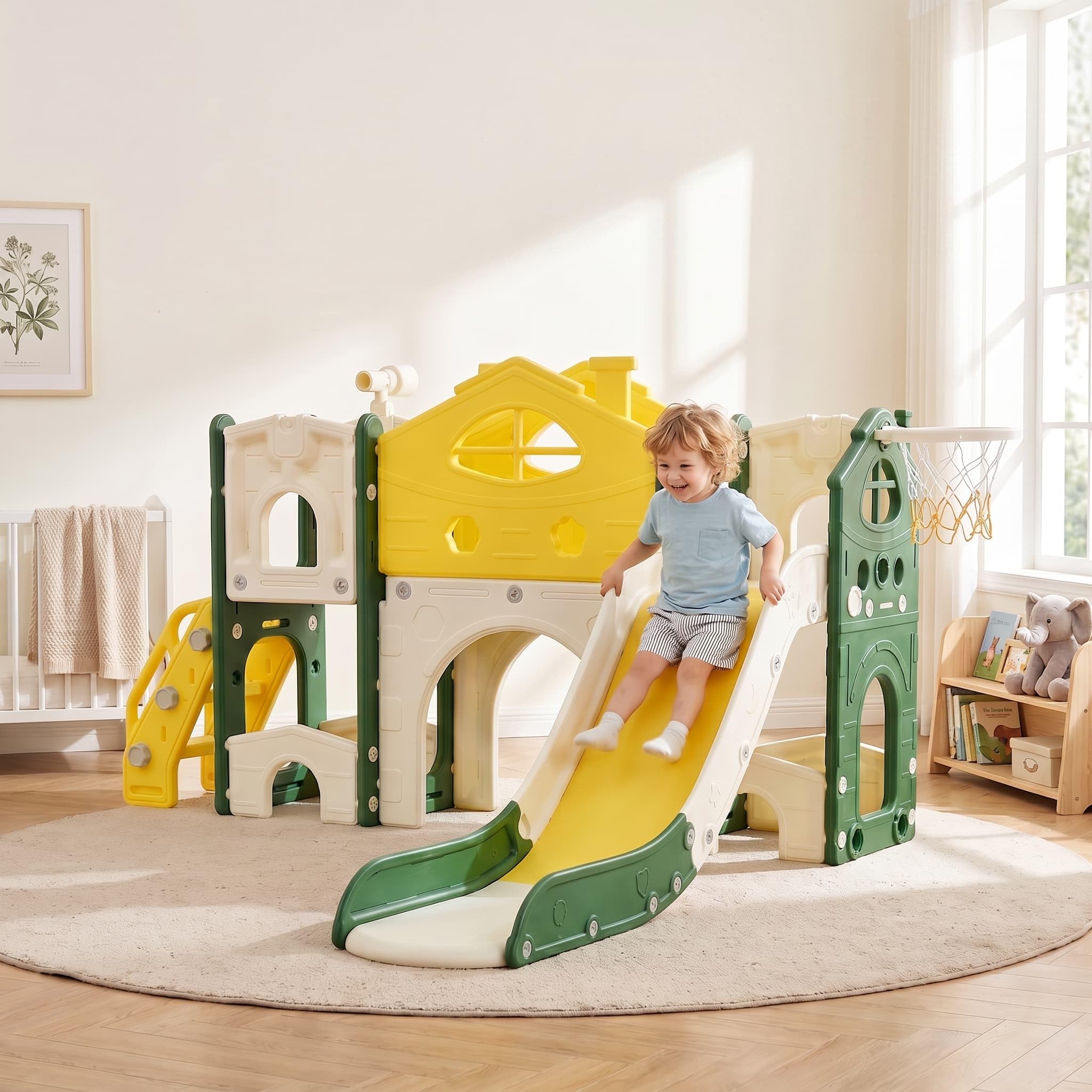 7 in 1 Kinderrutsche mit Kletterleiter,Indoor Outdoor Kinderspielplatz | Kleinkinderrutsche mit Basketballkorb, Klettergerüst, Teleskop, Tunnel, Plattformgang, Aufbewahrungskorb, Kinder Spielplatz
