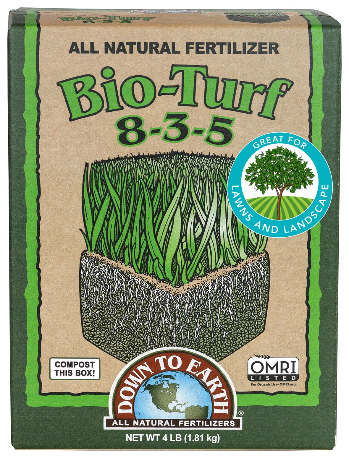 Organic Bio-Turf Lawn Food for Grass, Landscape and Ornamentals - Works with Lawn Spreaders 8-3-5, 4 lb