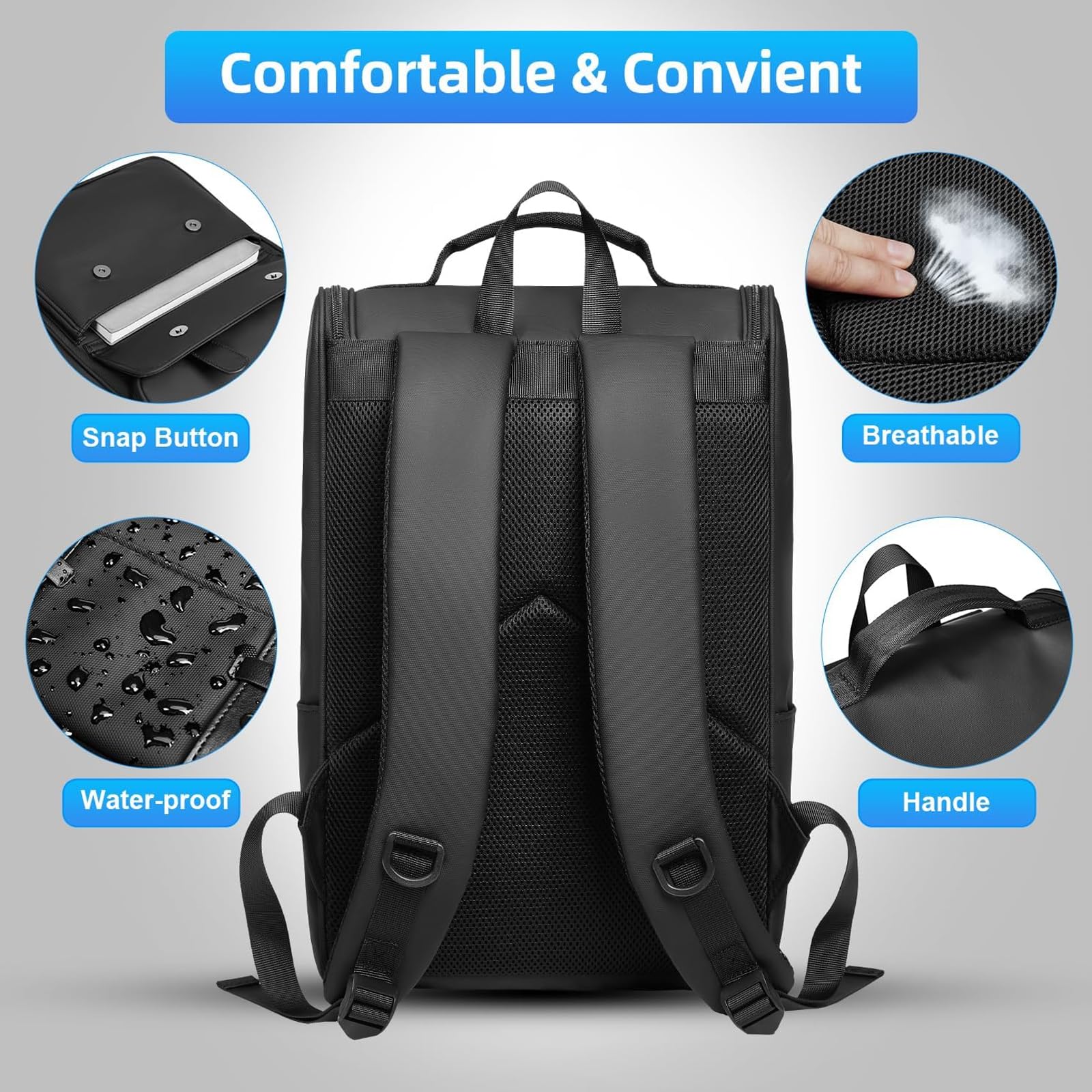 Sac a Dos Homme d'Affaire Ordinateur 15.6 Pouces Sac a Dos Femme Elegant Imperméable pour Collège Travail Voyage-Noir