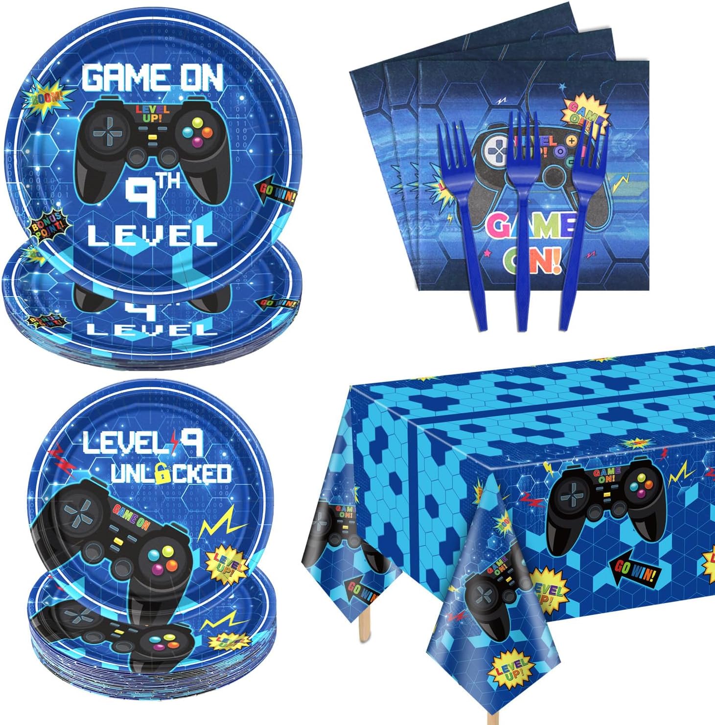 81 Pcs Video Game Party Supplies - 9th Birthday Video Game Party Decor Dinner Plates Napkins Video Game Tablecloth Forks Gaming Party Pack for Kid Boy 9th Birthday Party, Serves 20 (9th)