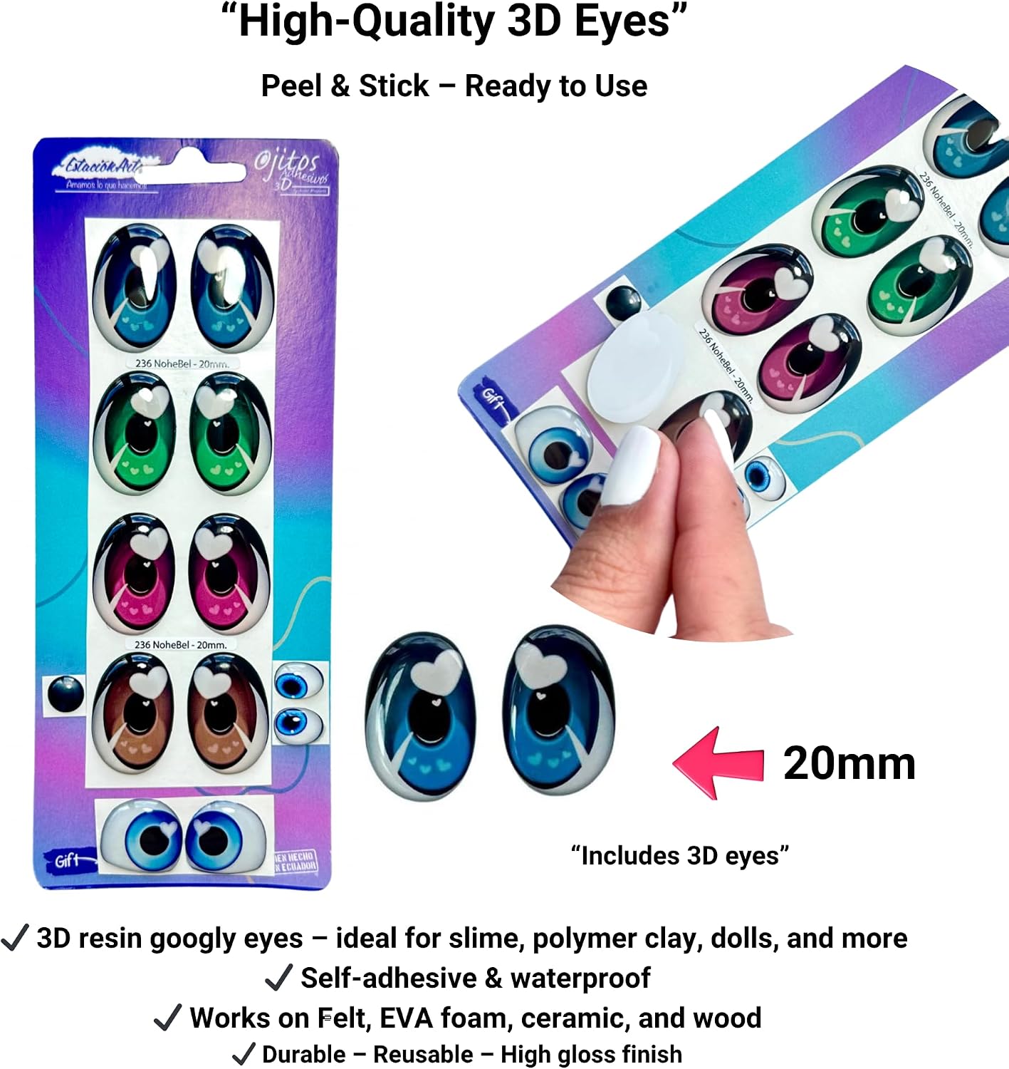 3D Resin Wiggle Googly Craft Set – Multicolored Self-Adhesive Eyes (8 pcs, 4 Pairs, 20mm) for Dolls, Polymer Clay, Slime, Cold Porcelain, Felt Crafts, Scrapbooking & Miniature DIY Projects