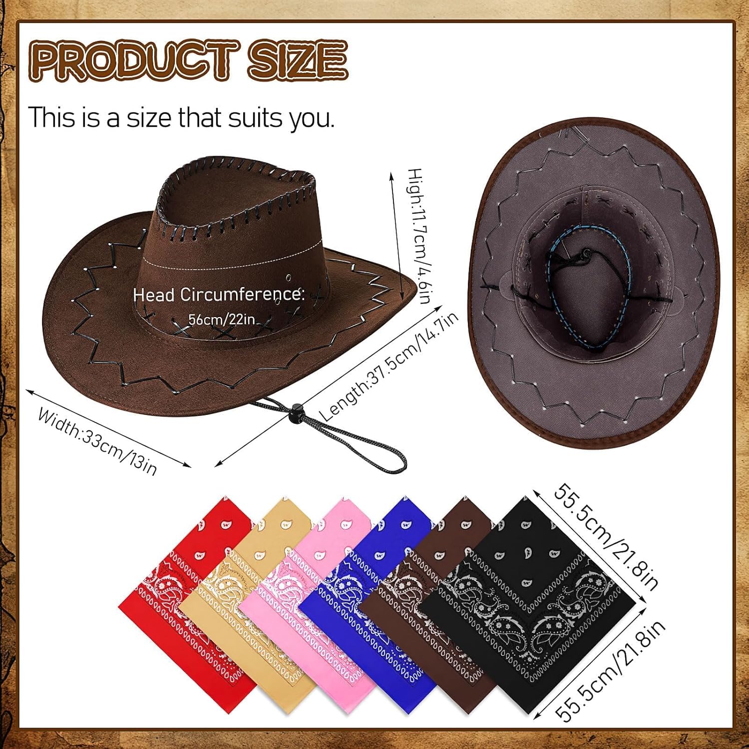 M-Aimee 6 Pack Cowboy Hats and Bandanas Set, Halloween Cowgirl Hat, Felt Cowboy Hat Western Costume for Men Woman Hen Party Stage