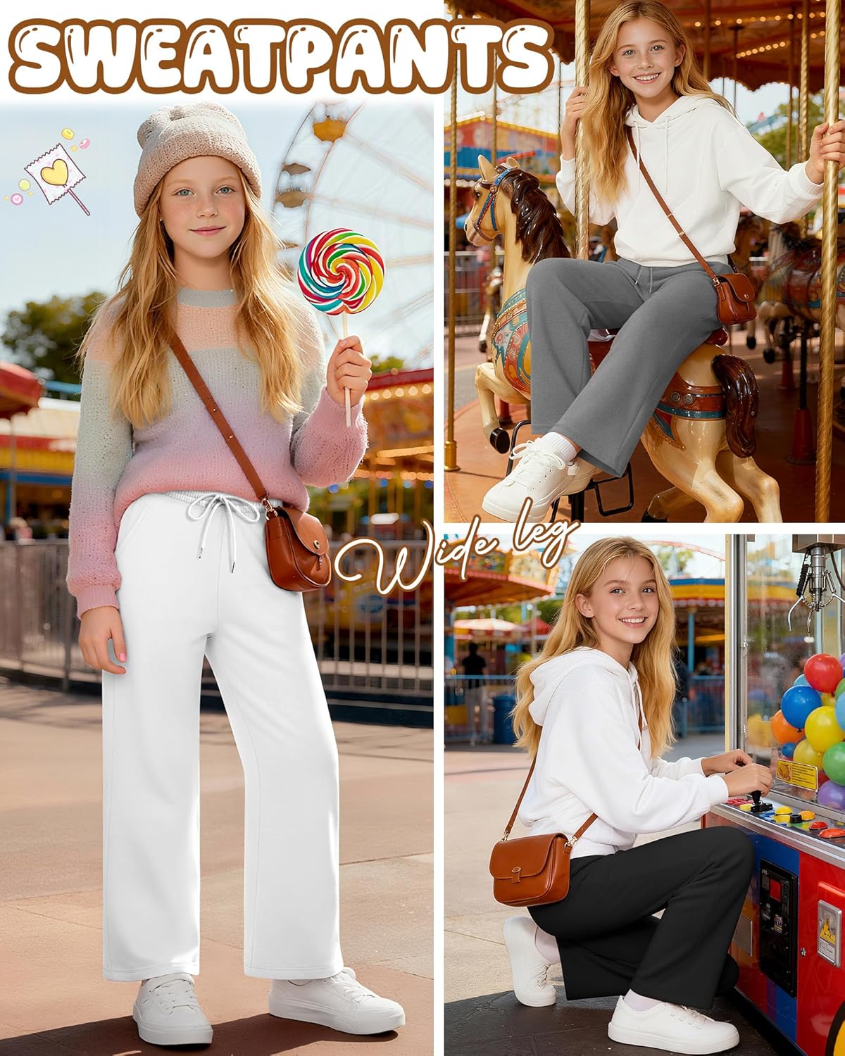 3 Pack Girls' Sweatpants Fleece Lined Wide Leg Drawstring Casual Kids Open Bottom Pants with Pockets Teen Girl - Image 2