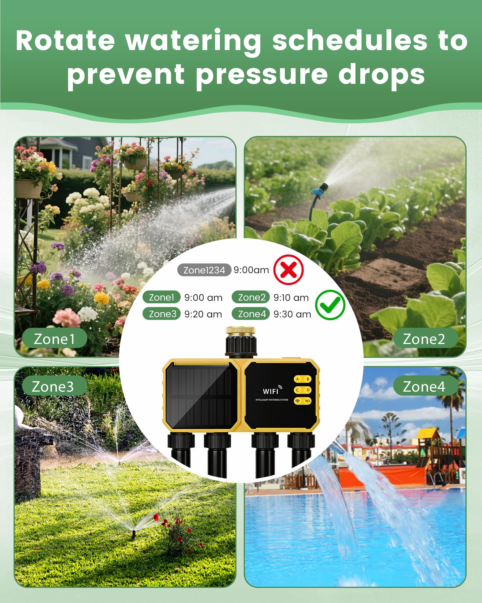 Timer per irrigazione WiFi a 4 zone, timer intelligente per acqua per tubo da giardino, 4 uscite con ritardo della pioggia/sistema di irrigazione automatico/manuale per prato, controllo vocale remoto