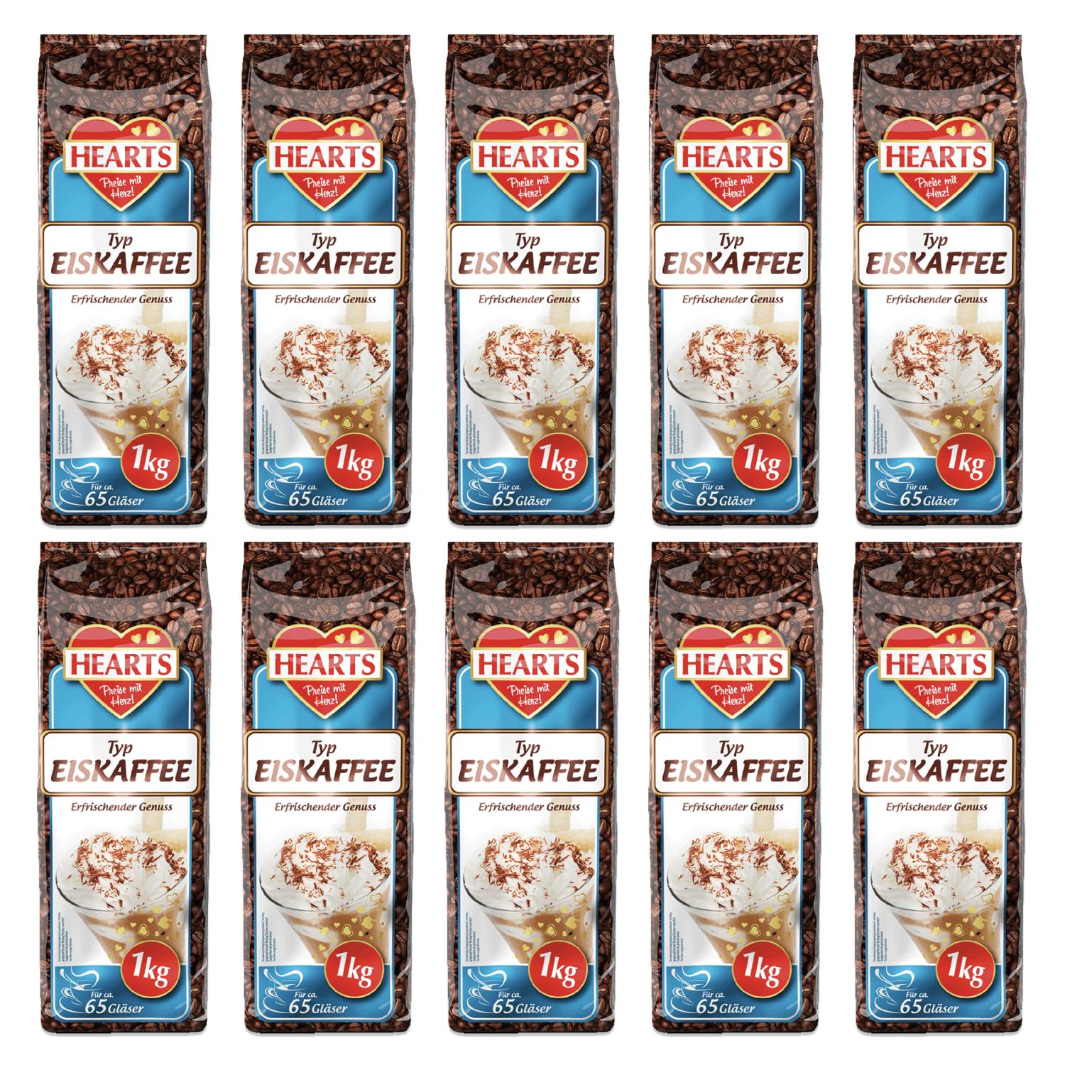 HEARTS - Polvo de café helado (10 x 1 kg, 65 vasos/bolsa, café soluble en granos, café helado como bebida de verano, cafeína y soluble