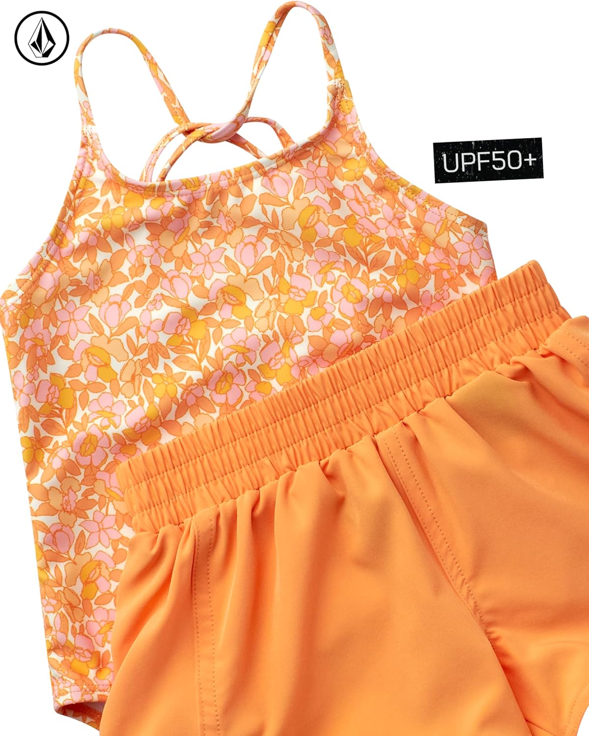 Volcom Girls' Swimsuit Set - UPF50+ Quick-Dry Girls One Piece Swimsuits with Matching Swim Shorts for Swimming (Sizes: 2T-16)
