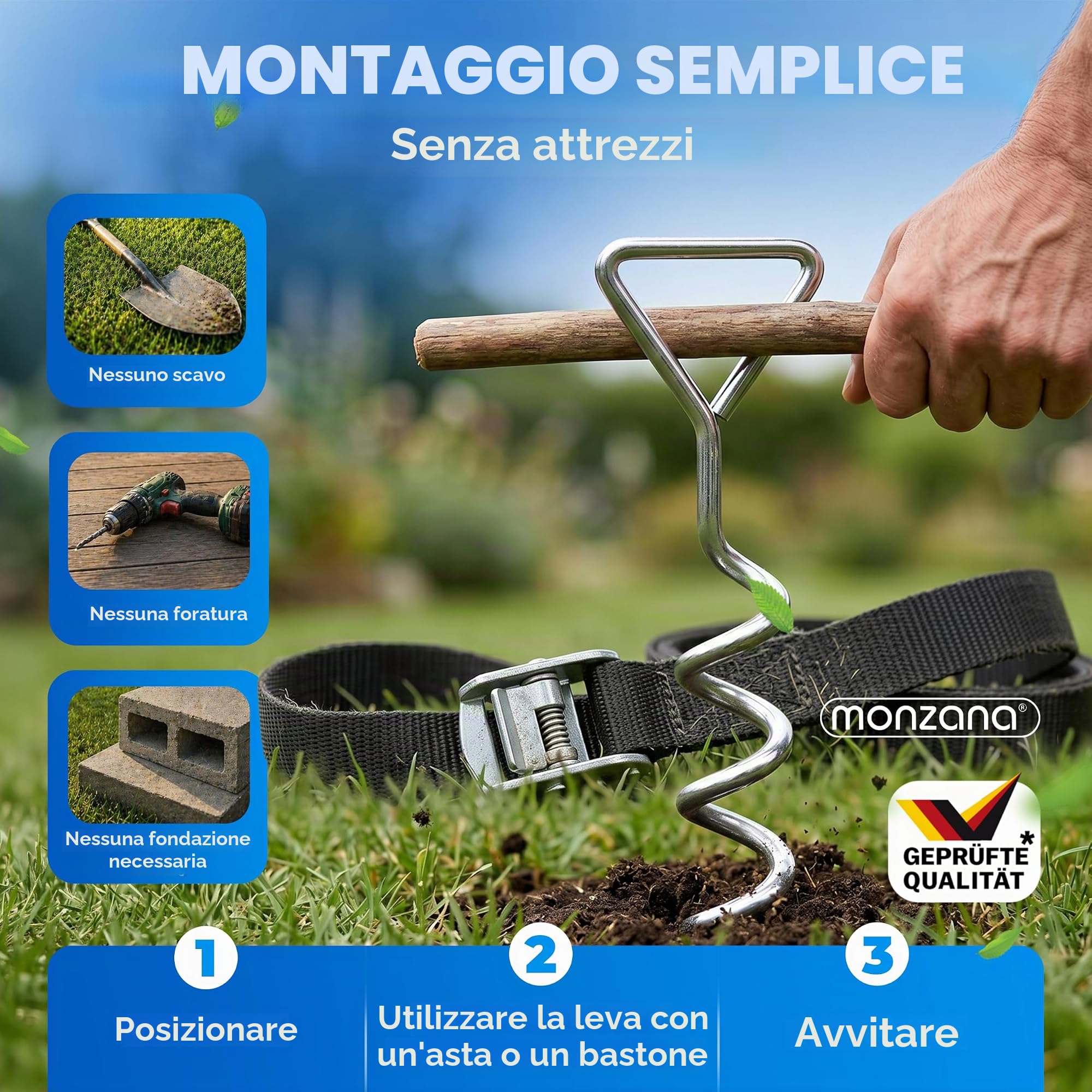 Monzana 4 Picchetti a Vite Ancoraggio a Terra 42,5cm 5 Spirali 900kg Cinghie Regolabili Acciaio Inox