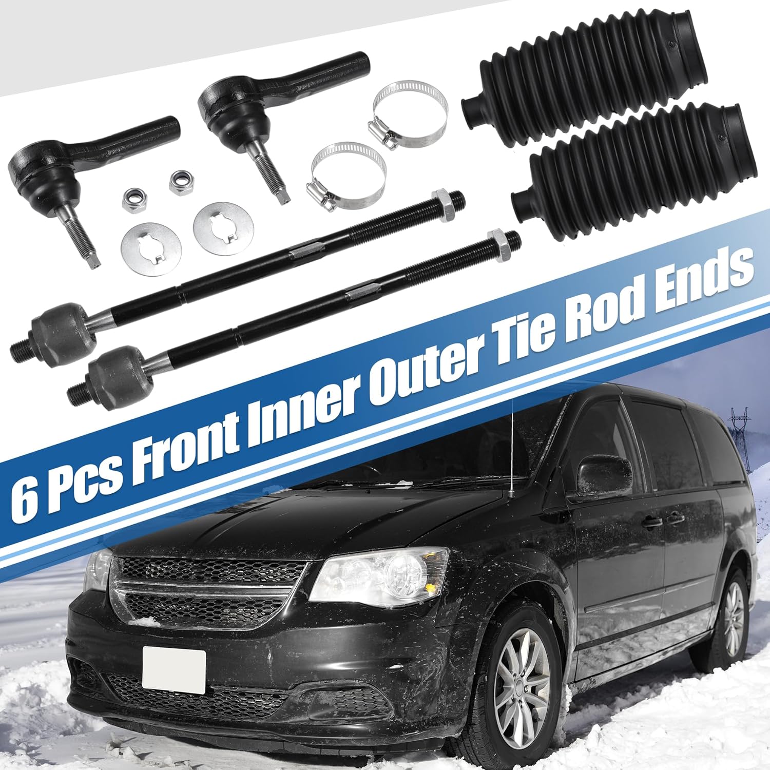 X AUTOHAUX 6 Pcs Front Inner Outer Tie Rod End Links with Boot for Dodge Grand Caravan 2001-2004 for Chrysler Town & Country Voyager 2001-2004 Suspension Steering Tie Rod End