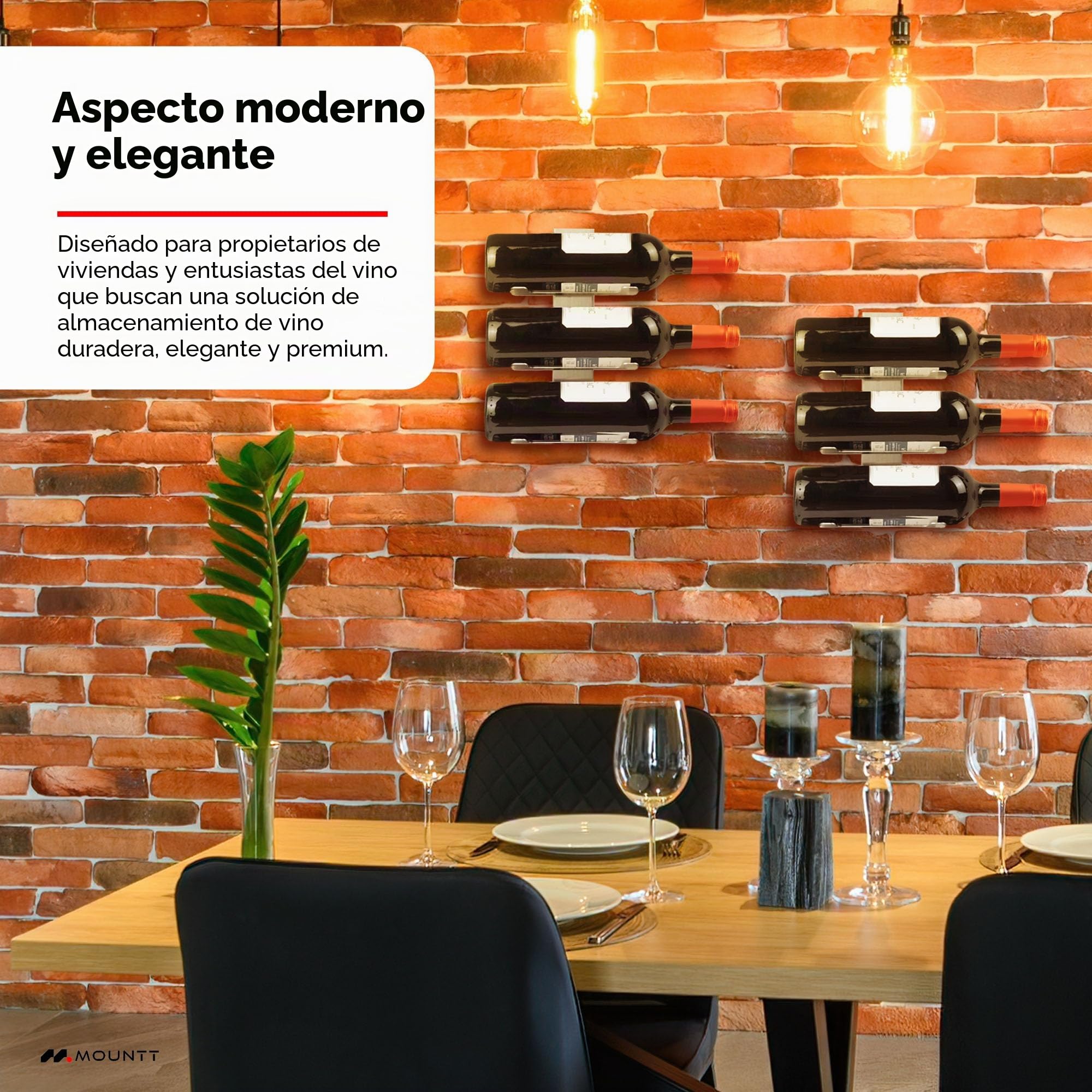 Estante de vino de acero inoxidable montado en la pared, solución de almacenamiento de vino para 6 botellas con diseño desmontable y diseño flotante moderno, soporte para botellas de vino
