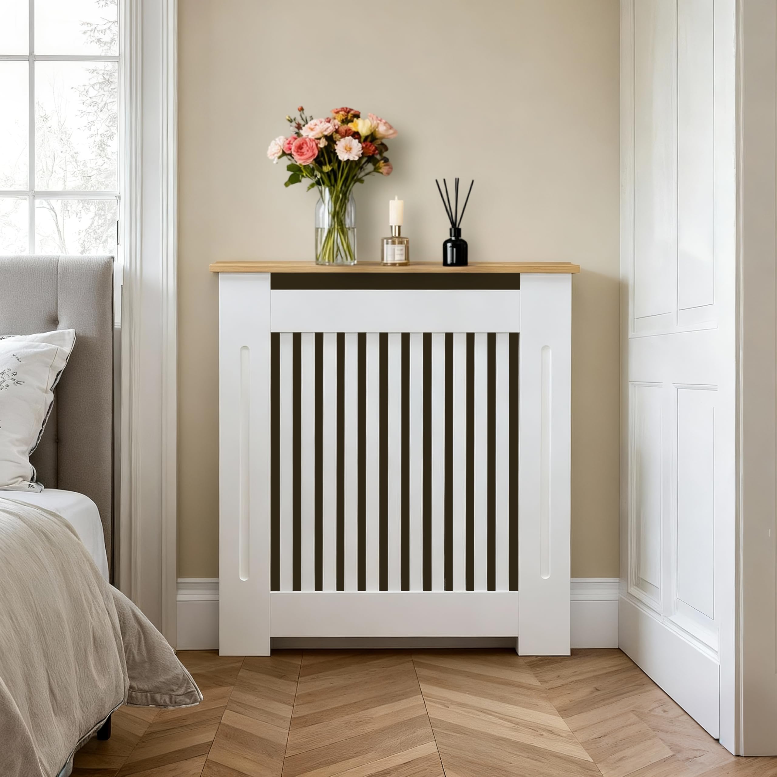 Tall Radiator Cover Wood Cabinet, 36.4inch External Height Heater Covers with Wood Texture Nature, Inner 35.6x28inch Vertical Slats - Modern White MDF Shelf Thicken Decor Shelf for Home Office - S