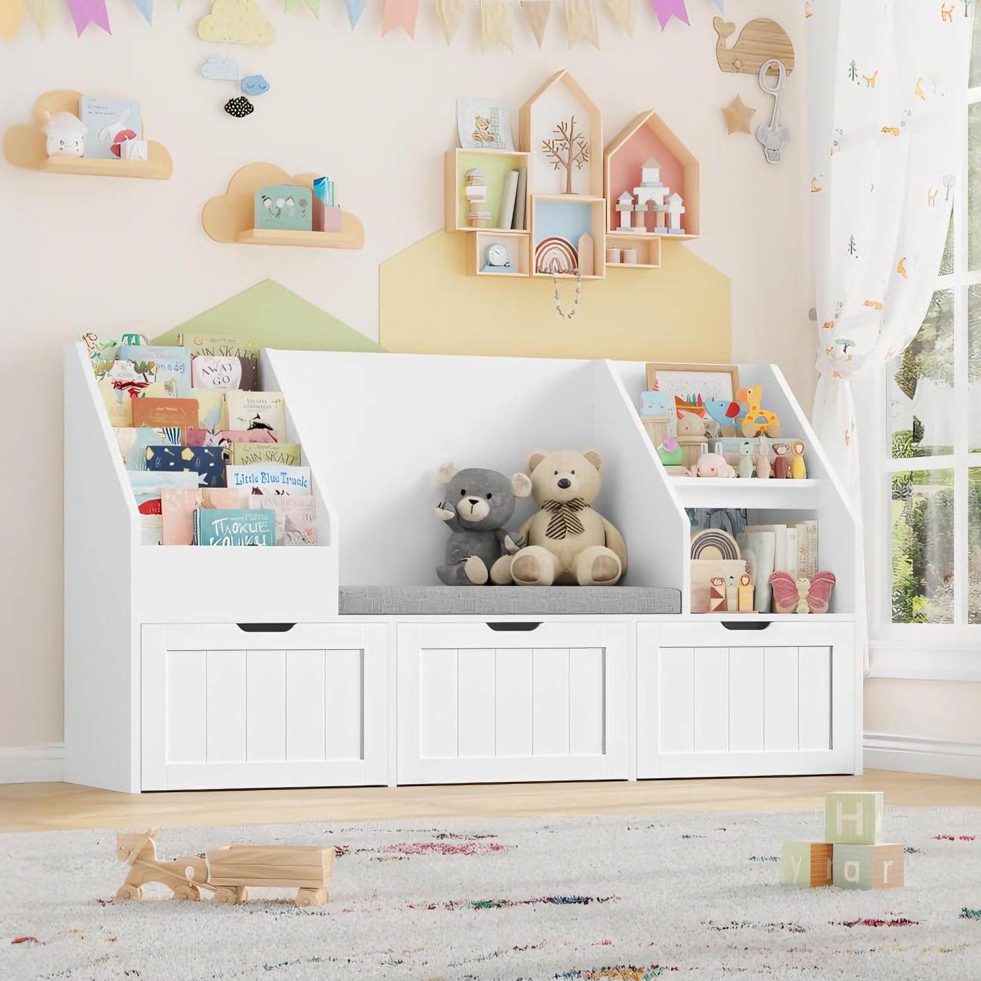 FOREHILL Libreria Montessoriana per Bambini, Porta Giochi Bambini con Cuscini, Libreria Panca a 4 Ripiani, Mobile Porta Giochi a 3 Cassetti con Ruote, per Cameretta, Studio, 140x39.5x80 cm (Bianco)