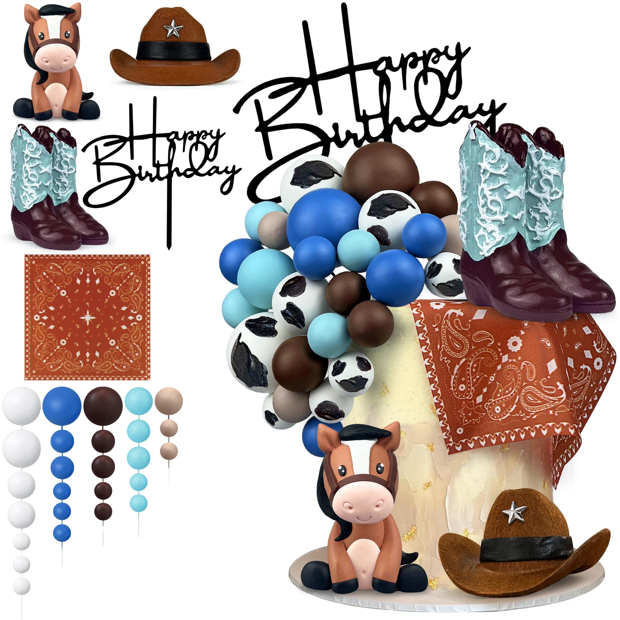 31 PCS Cowboy Cake Decorations Hat Boot Balls and Horse Cake Toppers for Western Theme Birthday Baby Shower Cowboy Cowgirl Party Supplies