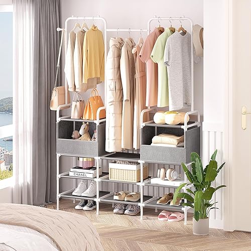 Clothes Rack,3 Rods Portable Clothing Hanging Garment Rack,Coat and Shoe Rack with 9 Storage Shelves and 2 Storage Pockets,for Bedroom,Entryway,Living room,Grey&White
