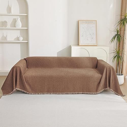Miniatura 7 de MYSKY HOME - Funda de sofá bohemia color camel con borlas blancas, rústica, protector de sofá sencillo para perros, fundas de sofá modular de