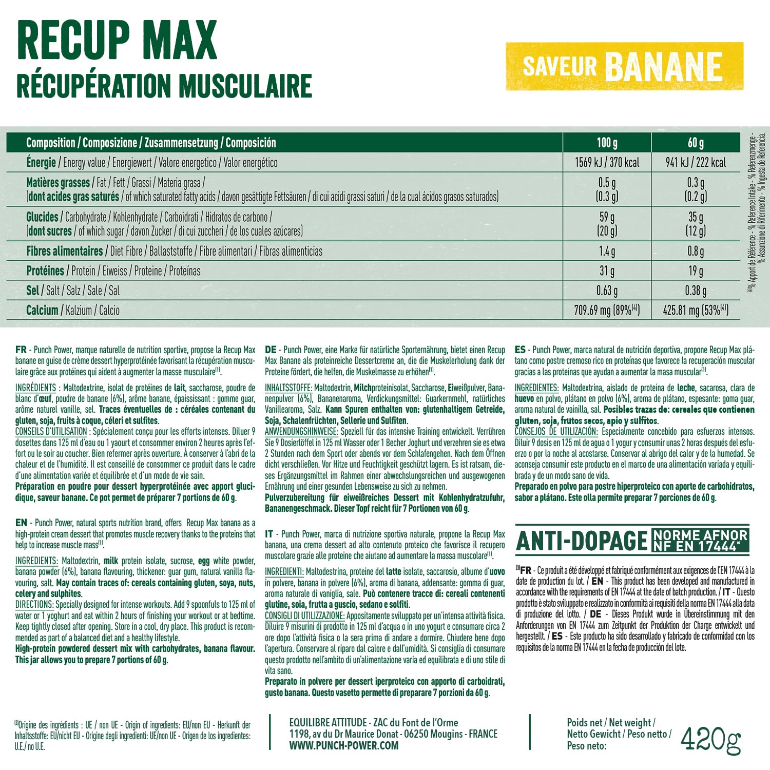 PUNCH POWER - Récup Max - Banane - 480 g - Récupération Musculaire - Extrait de Stévia - Protéines et Glucides - Magnésium - Potassium - Vitamines du Groupe B - Marque Française
