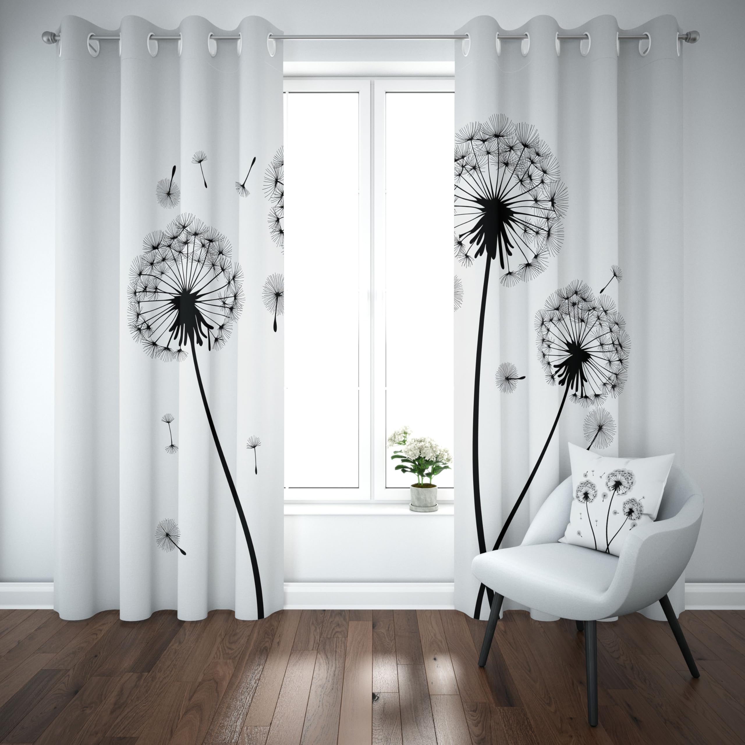 Schwarz Weiß Vorhang mit Ösen 2er Set, Löwenzahn Blumen Muster