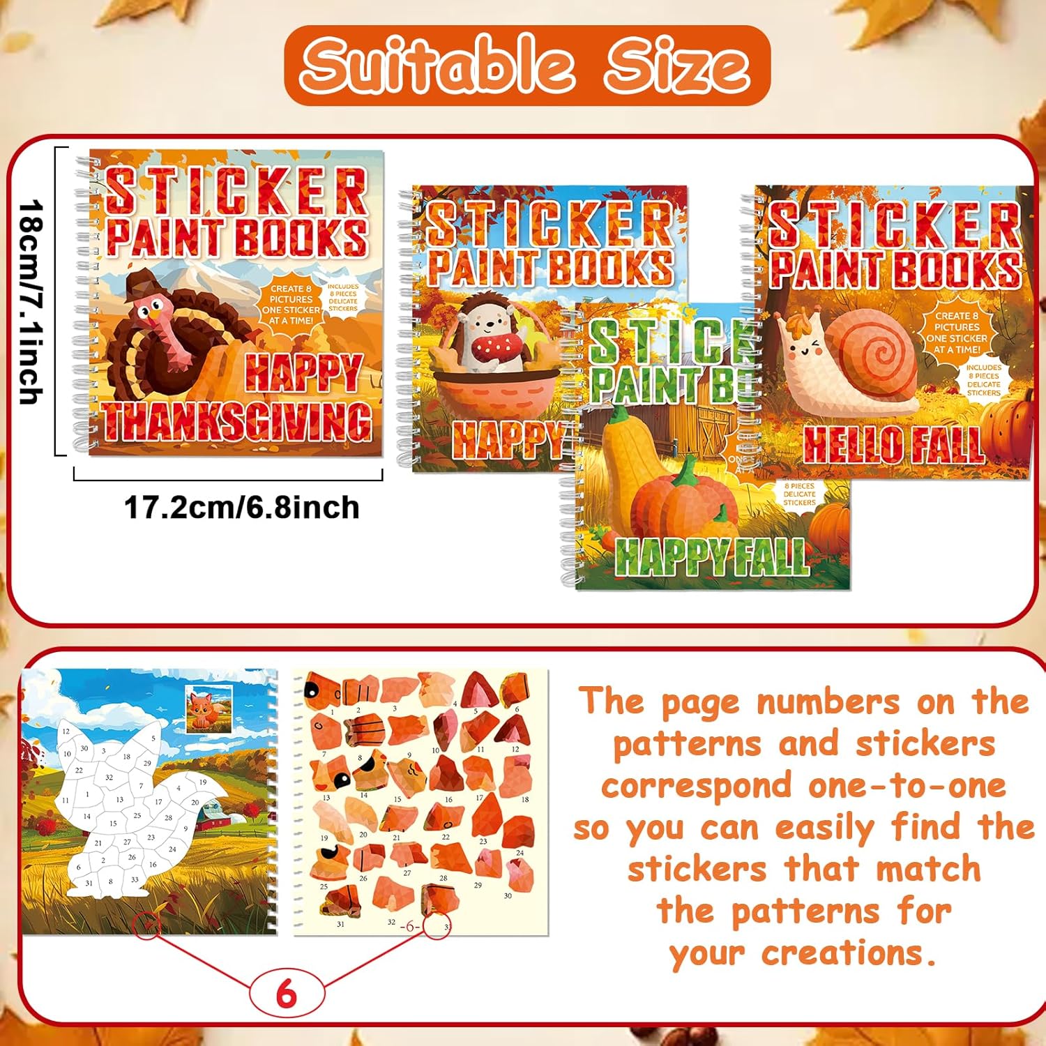 4PCS Thanksgiving Paint by Sticker Books Crafts Fall Sticker by Number Books Activity Book Puzzle Book Craft Art Gift with Turkey Pumpkin 32 Pictures - Image 3