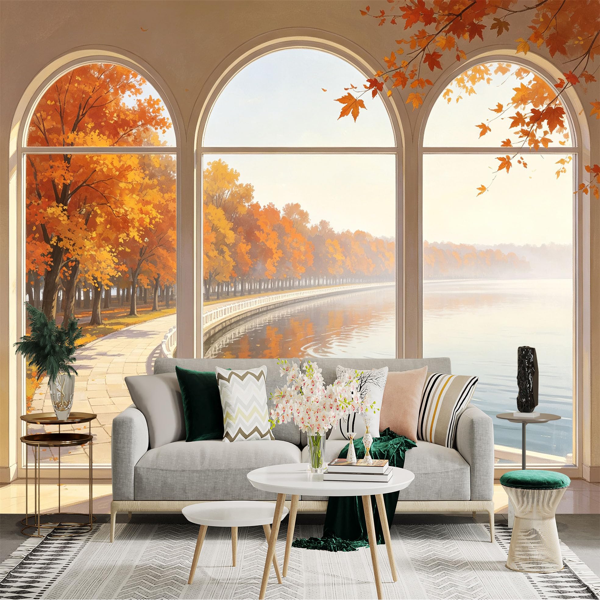 Custom Size Wall Sticker Mural， Autumn Landscape View， Maple Trees by Lake， Elegant Window Scene， Peaceful Nature Scenery， for wall Decoration， peelandstick wall Decals.