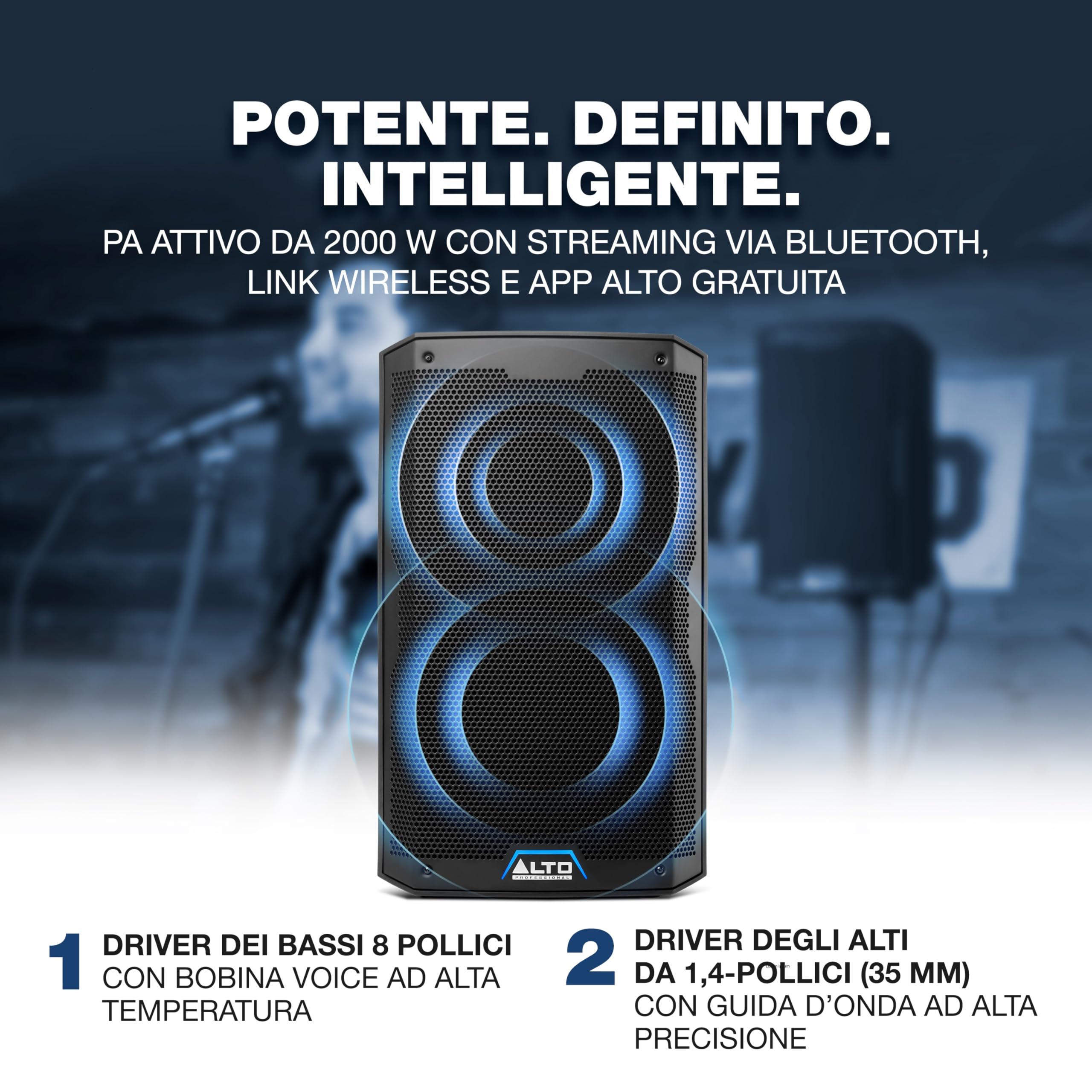 ALTO TS408 Cassa Amplificata Attiva da 8" e 2000W, Potente con Bluetooth, Mixer a 3 Canali, Connessione tra Altoparlanti Wireless, DSP e App
