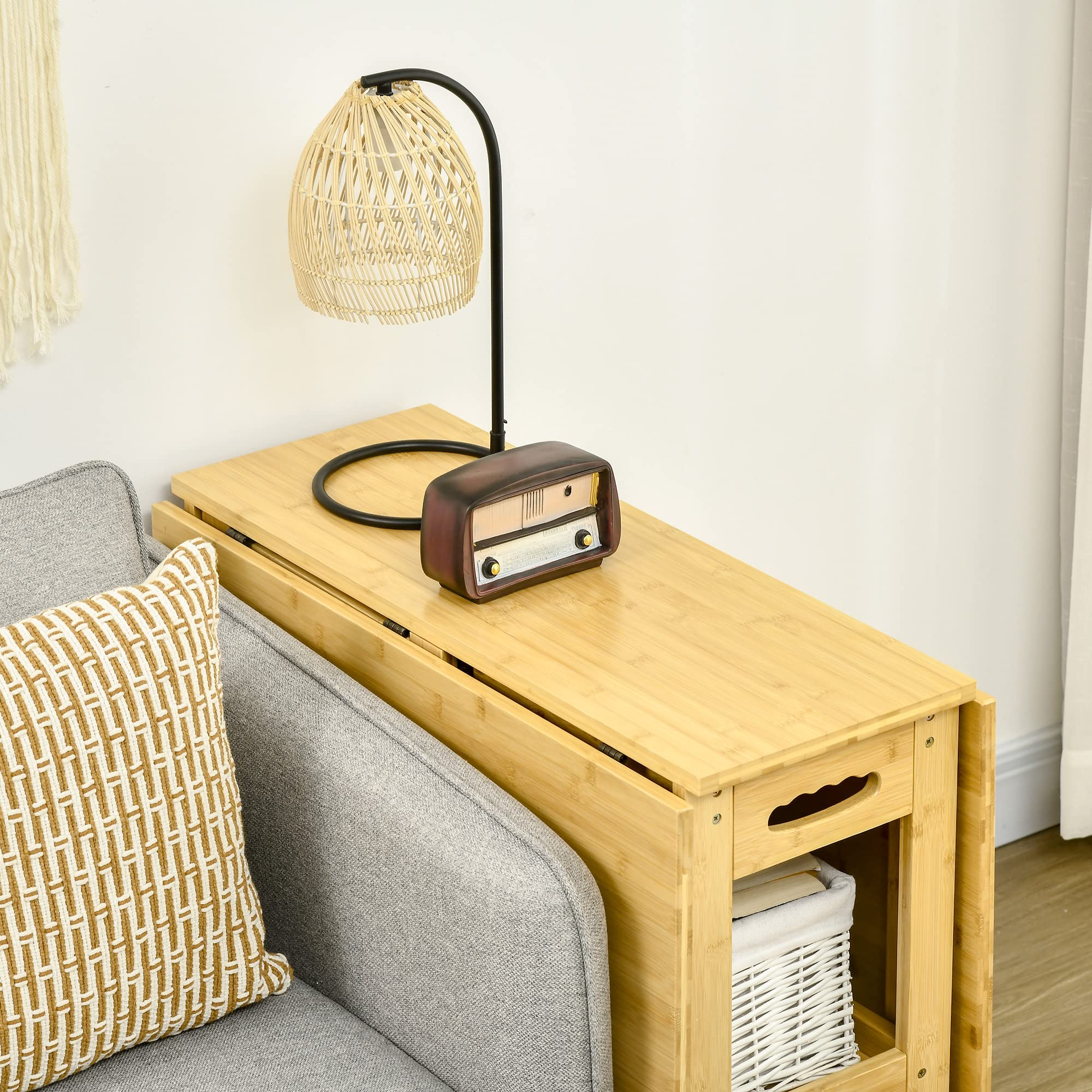 HOMCOM Stół Składany do Jadalni i Kuchni ze Schowkami, Stolik Kawowy z Regulowanymi Nóżkami, Styl Wiejski, Bambusowe Naturalne Drewno, 149,5 x 80 x 73,5 cm