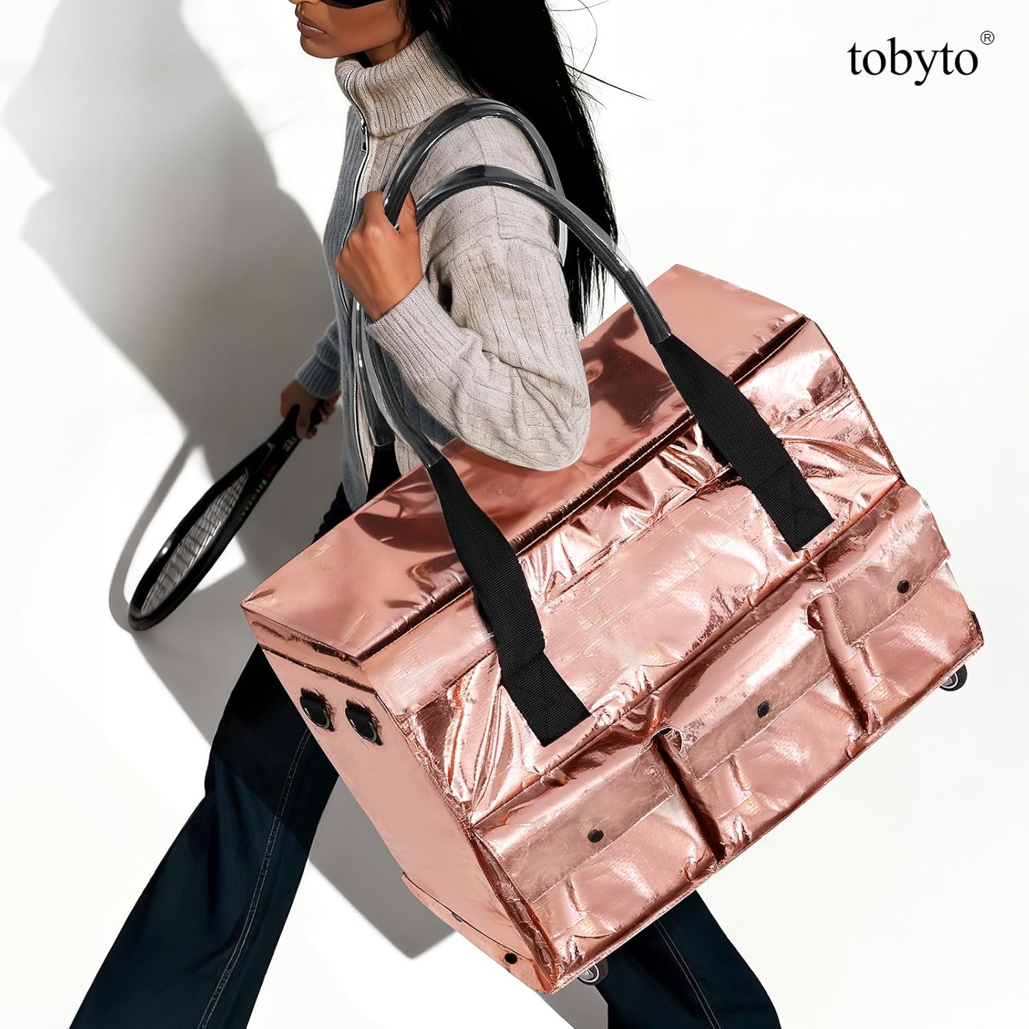 tobyto Reusable Grocery Bag on Wheels, Foldable Shopping Cart-Rolling Tote, 66LBS Capacity - Water-Resistant for Laundry, Picnic, Storage & Travel, Rose Gold