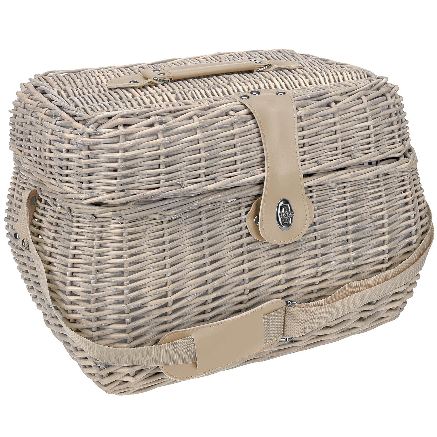 anndora Picknickkorb Shabby helle Natur Weide - mit Isolierfach herausnehmbar blau gestreift - inkl. Zubehör 21 Teile - 4 Personen - Tragegurt