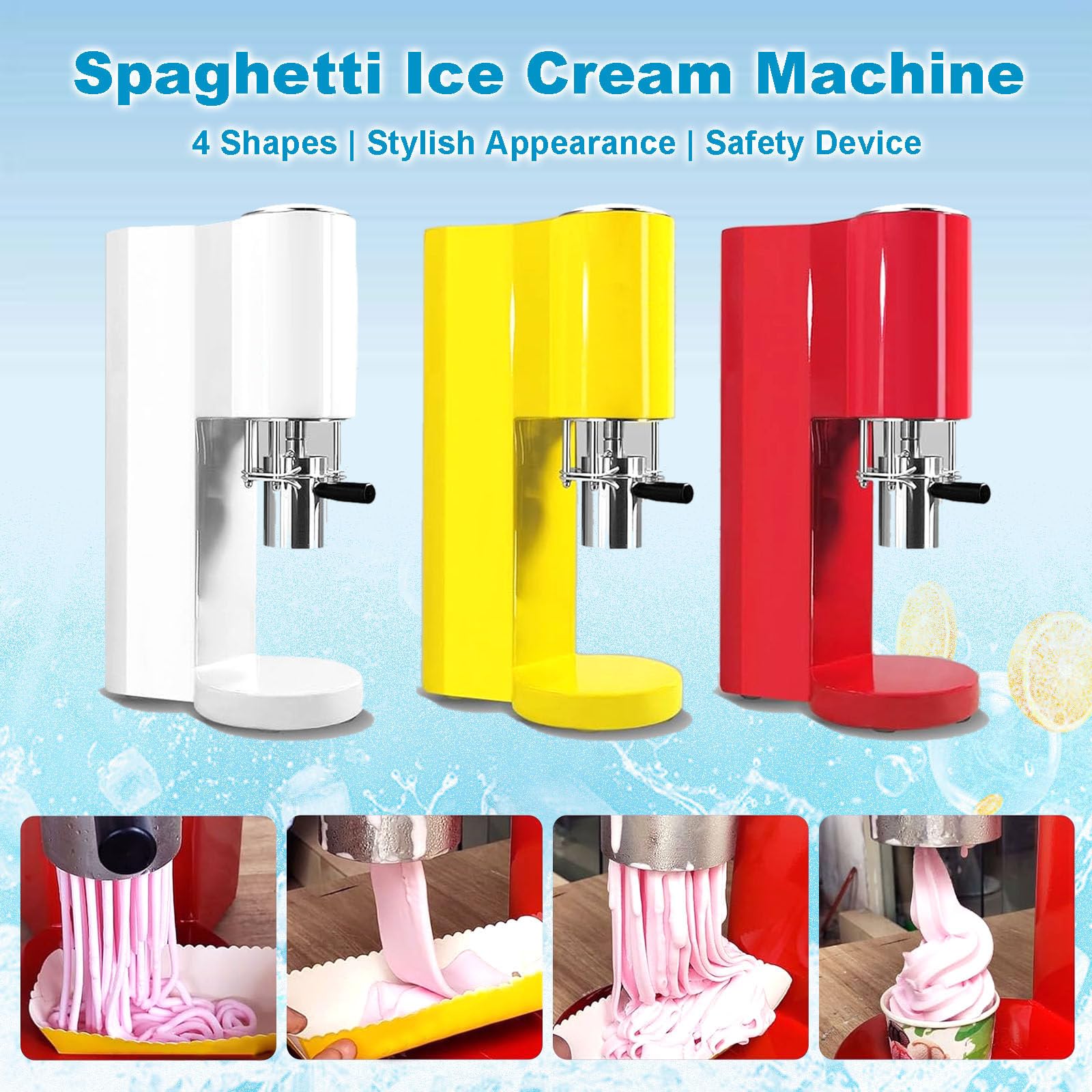 Eismaschine für Gewerbe & Haushalt - 4 Austauschbare Formen, Leicht zu Reinigen, Kompakt & Tragbar, 80W Elektrische Gelato-Presse für Spaghetti- und Wirbel-Desserts White